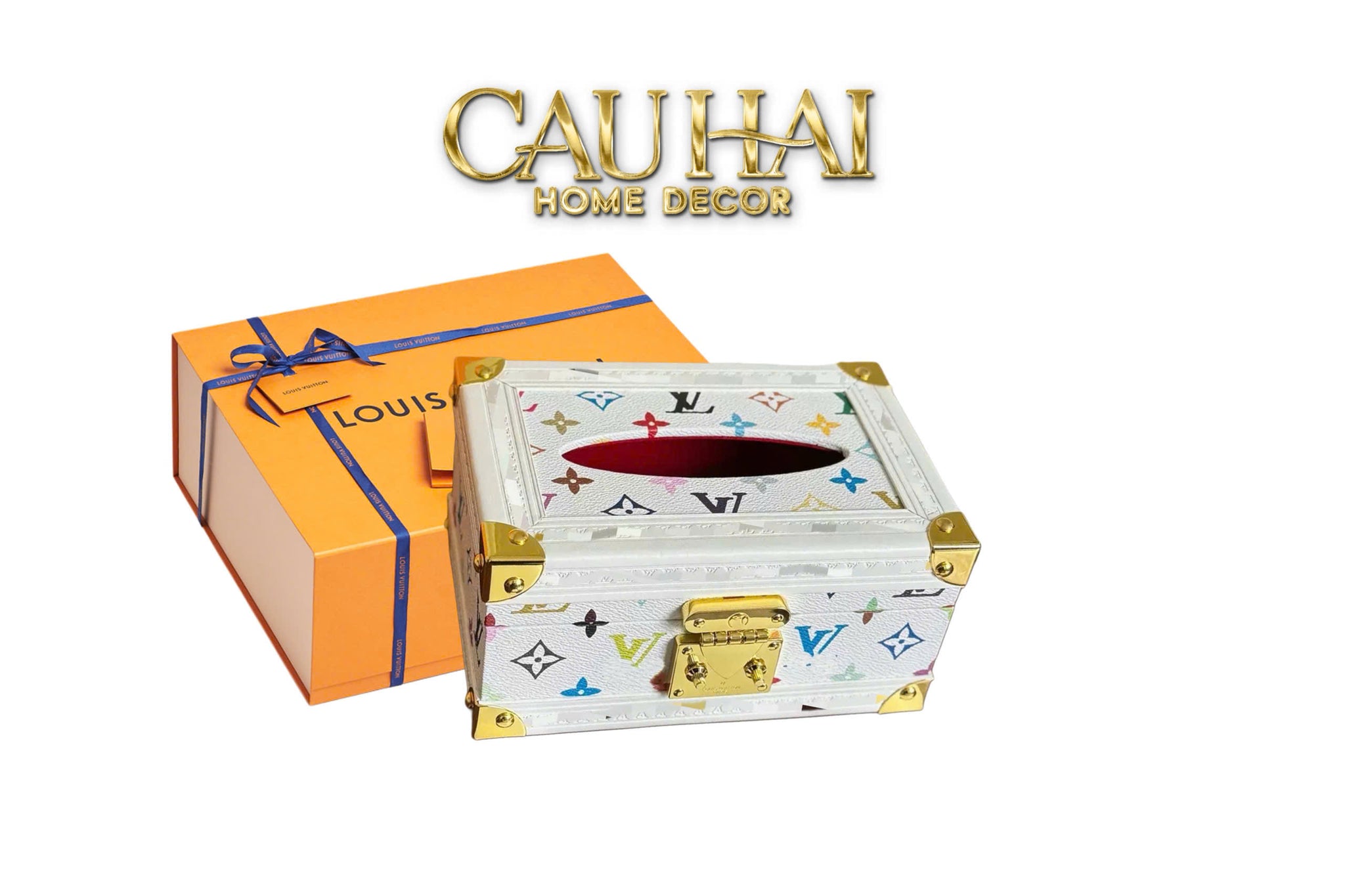 HOME COUTURE - LOUIS TRUNK COLORFUL MONOGRAM SUITCASE TISSUE BOX - BLANC FULL BOX
