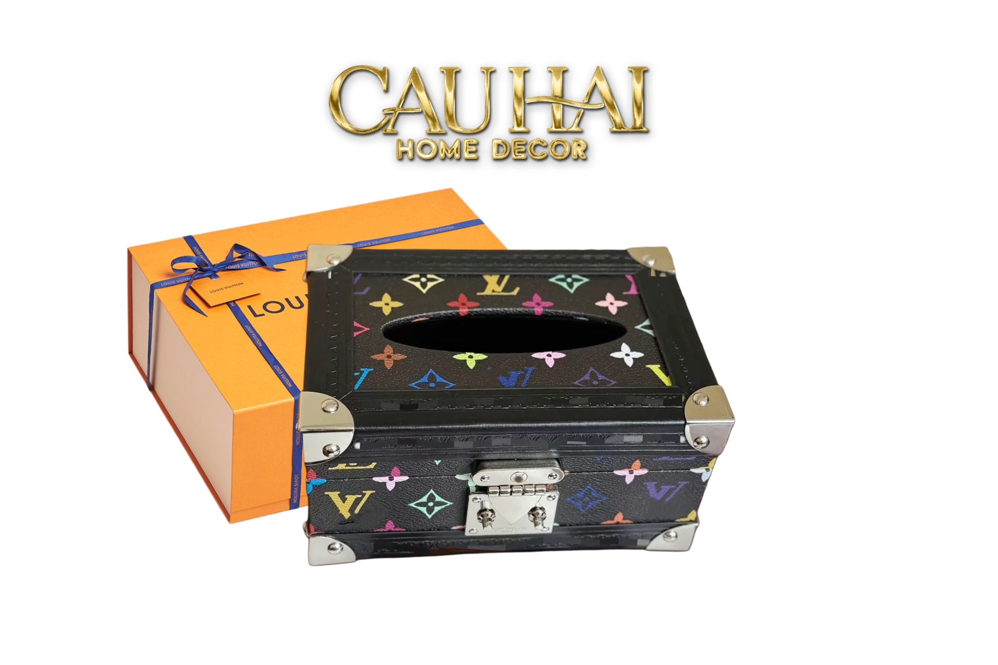 HOME COUTURE - LOUIS TRUNK SUITCASE TISSUE BOX COLORFUL MONOGRAM - NOIR FULL BOX