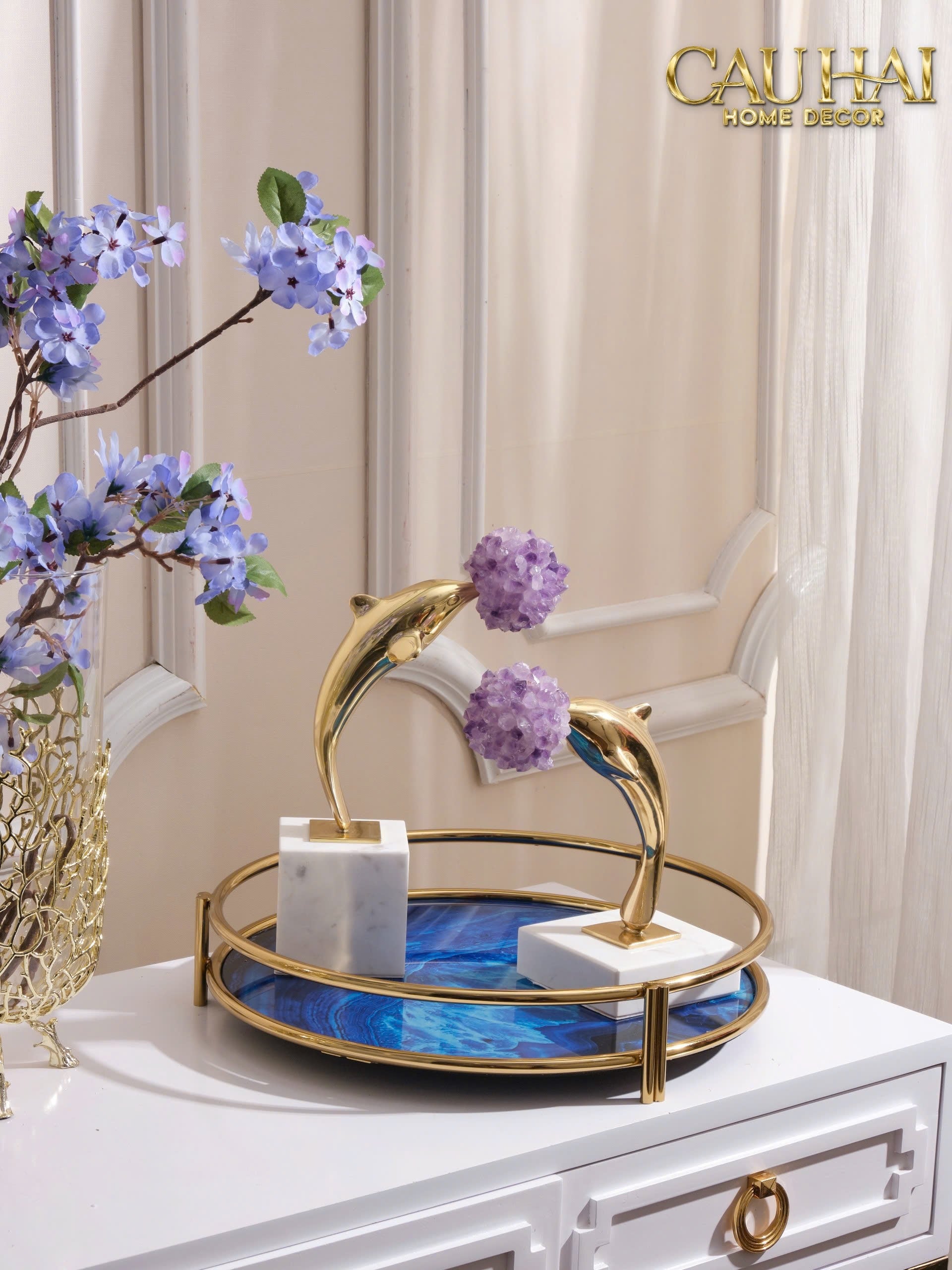 HOME COUTURE - BRONZE STATUE SET - DOLPHIN SERENDIPITY AMETHYST