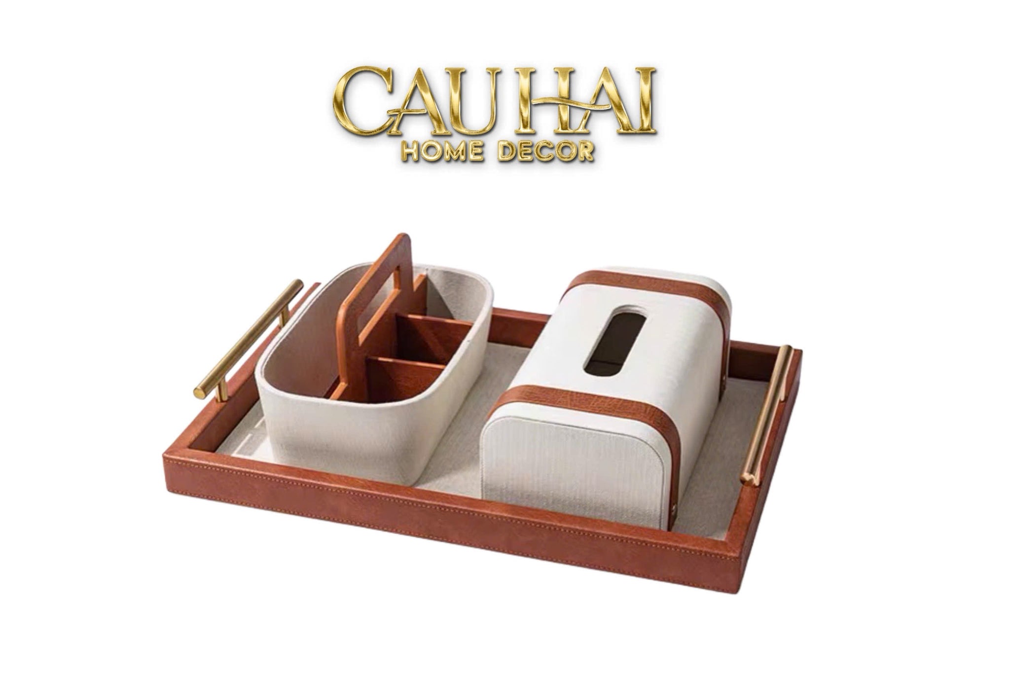 HOME COUTURE - SET OF PAPER CANVAS LUX LEATHER HAVANA BOX TRAY 3PCS