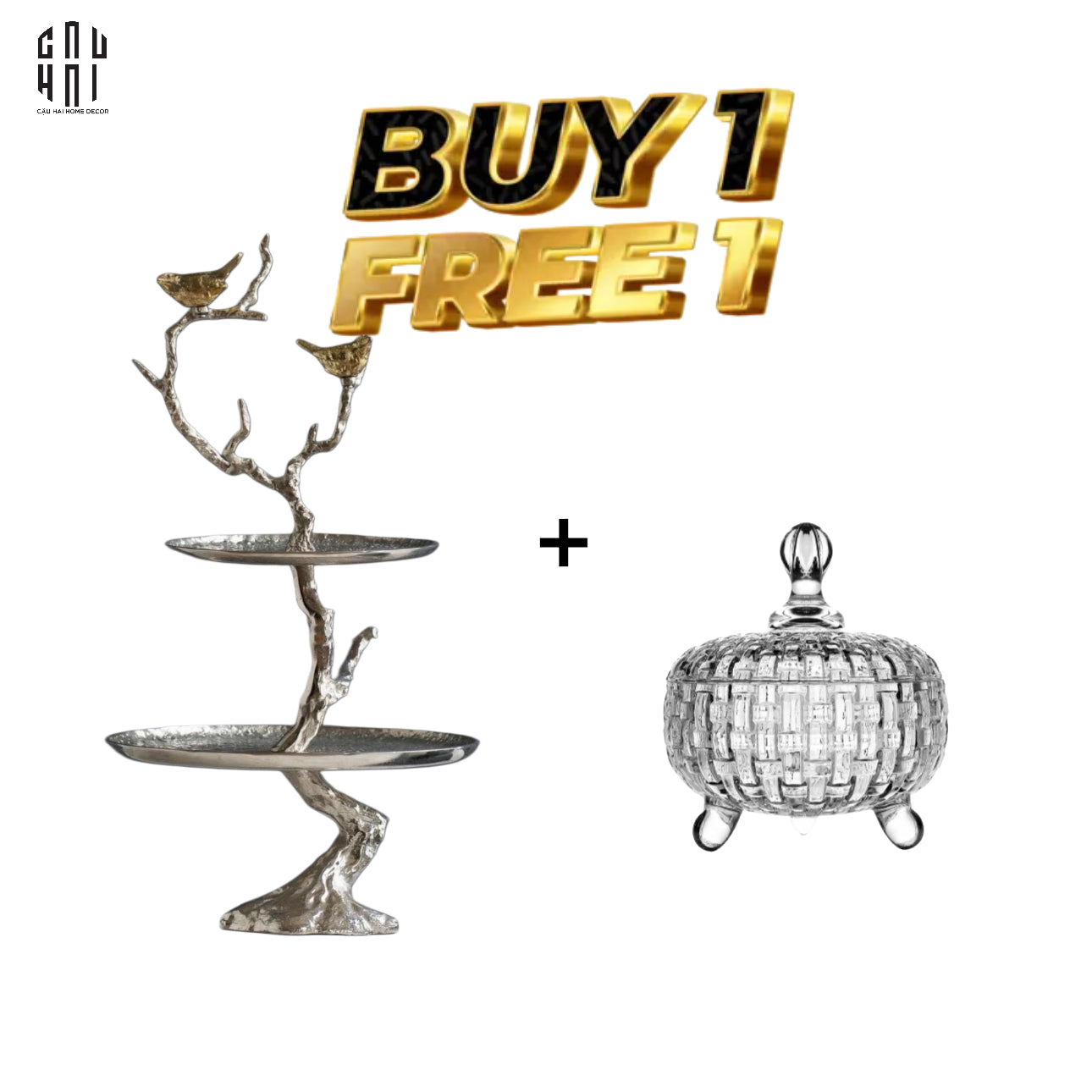 COMBO ĐĨA TRÁI CÂY 2 TẦNG SILVER IMPERIUM LUXURY TẶNG LỌ KẸO ELITE - CẬU HAI HOME DECOR