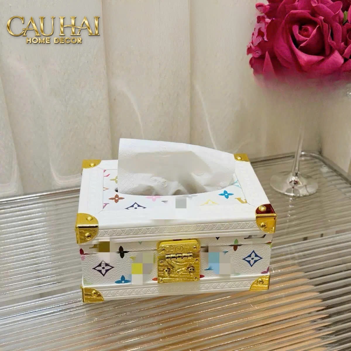 HOME COUTURE - LOUIS TRUNK COLORFUL MONOGRAM SUITCASE TISSUE BOX - BLANC FULL BOX