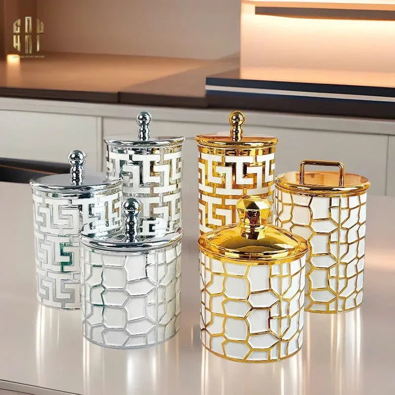 SET 3 LỌ PANTRY ACRY - PLATINUM GREEK KEY