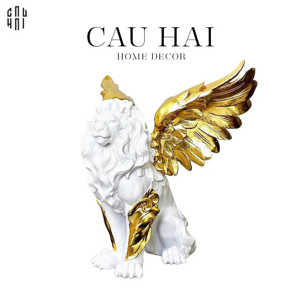 TƯỢNG MAJESTIC WHITE LION - GOLD DUST 50CM SS25-CẬU HAI HOME DECOR