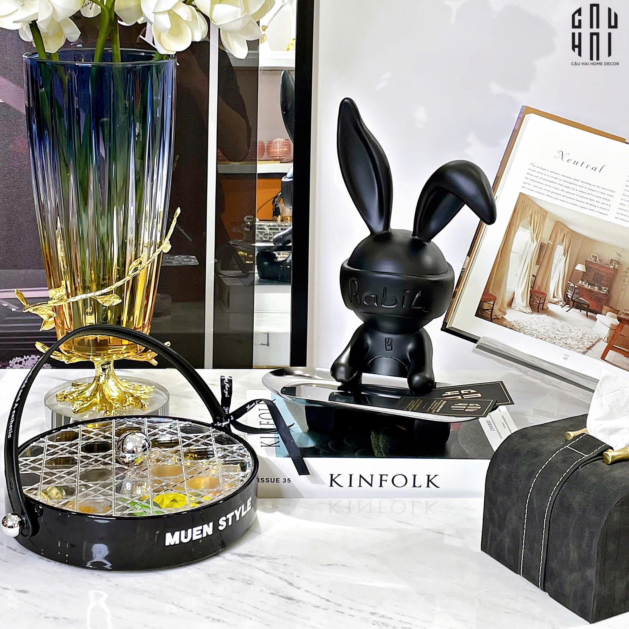 TƯỢNG TRANG TRÍ COMPOSITE MODERN BLACK DISK BUNNY SS25-CẬU HAI HOME DECOR