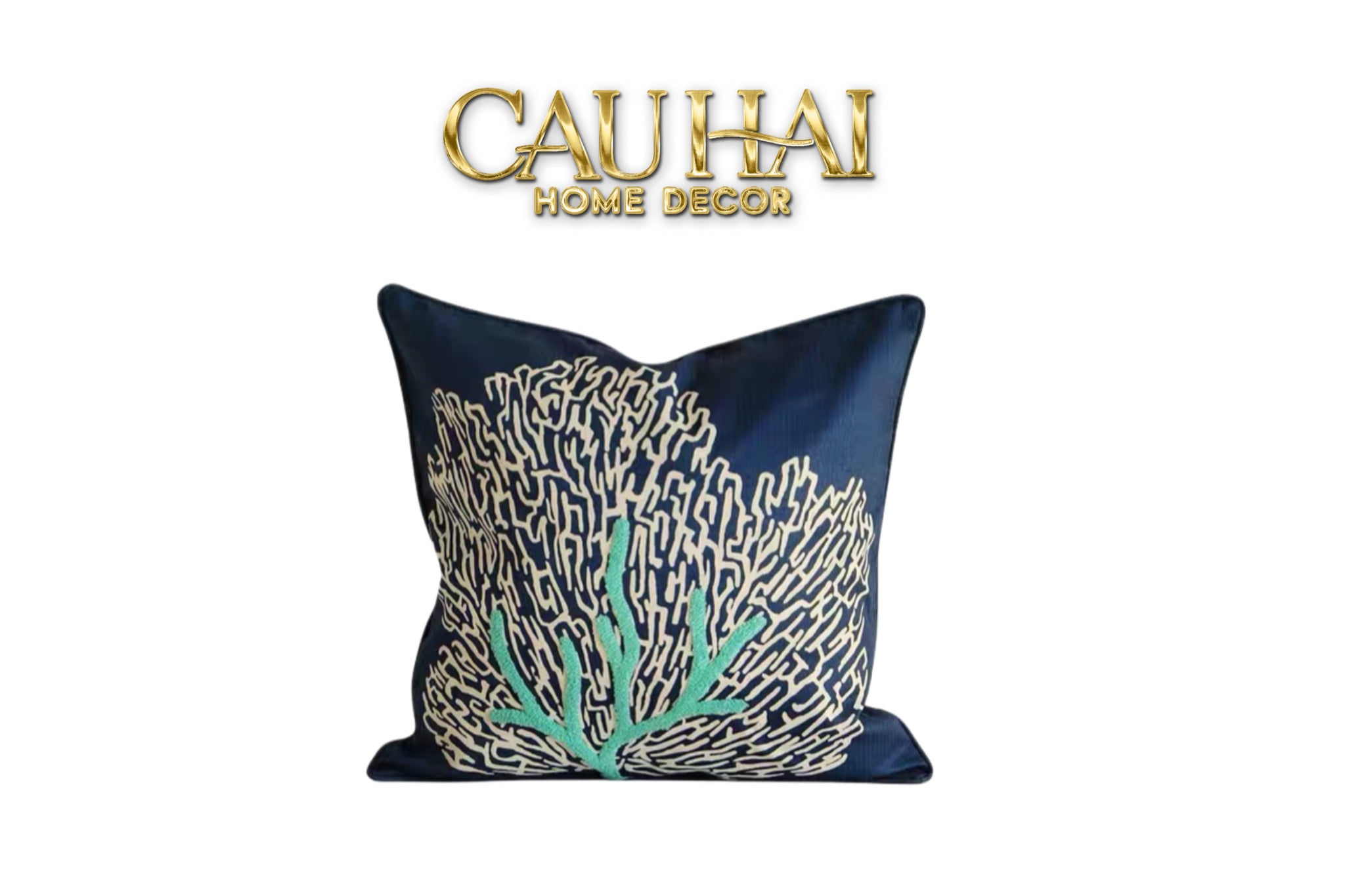 VỎ GỐI THÊU CORAL EMBROIDERY NAVY 45-1- Cậu Hai Home Decor