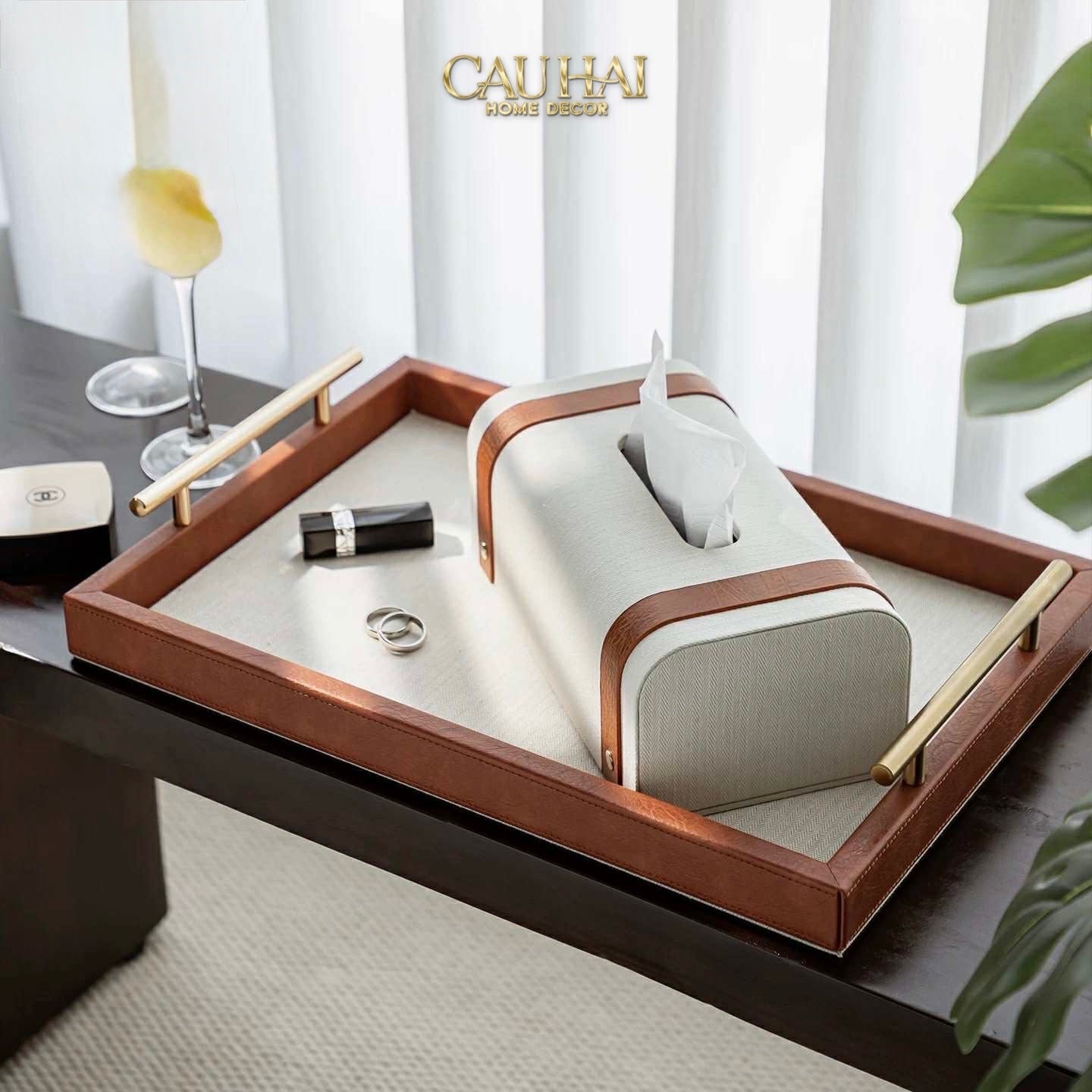 HOME COUTURE - SET OF PAPER CANVAS LUX LEATHER HAVANA BOX TRAY 3PCS