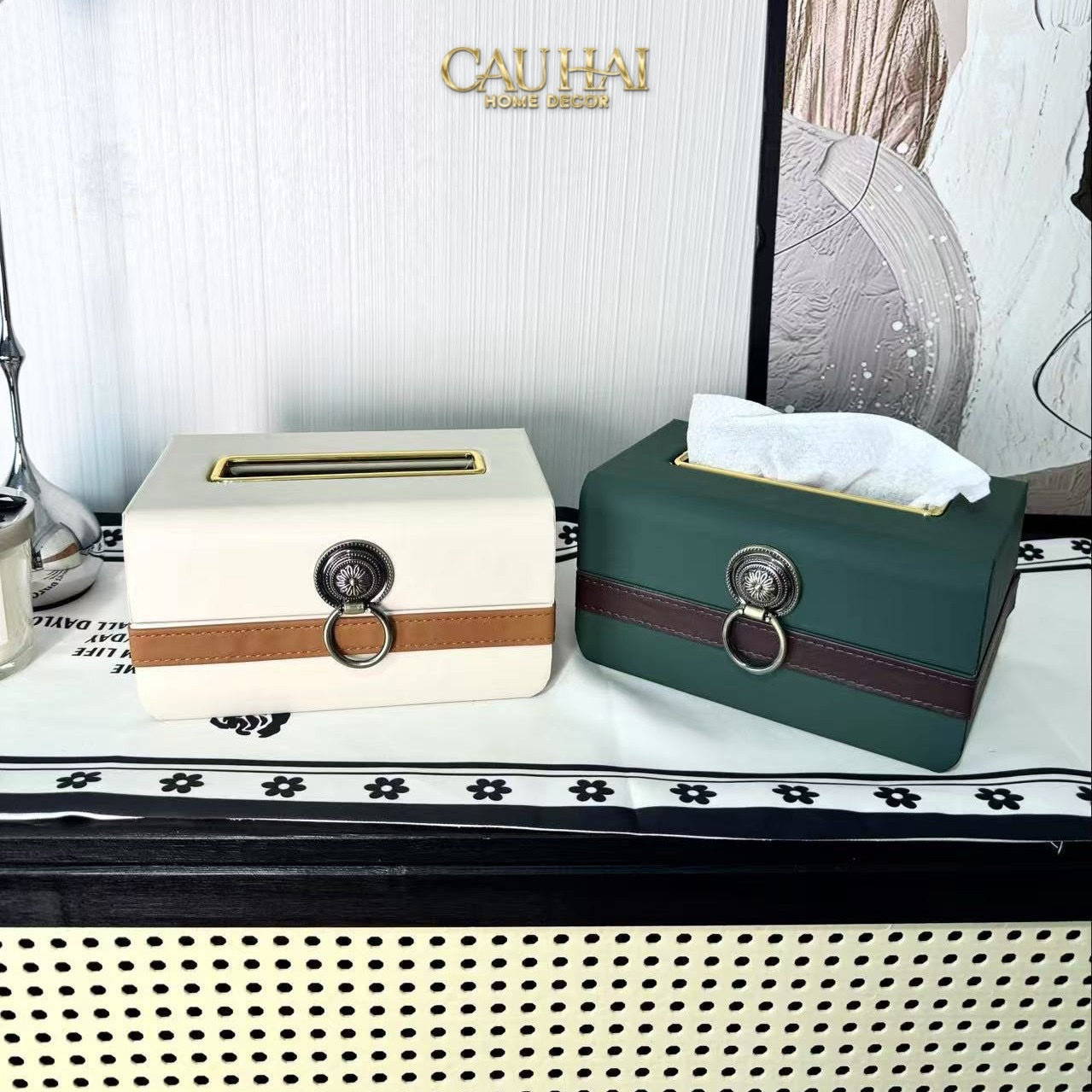 HỘP KHĂN GIẤY LUX IVORY LEATHER WALNUT