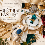 Moodboard bàn tiệc phong cách châu Âu với khăn emerald, dao nĩa ánh vàng và ly ruby