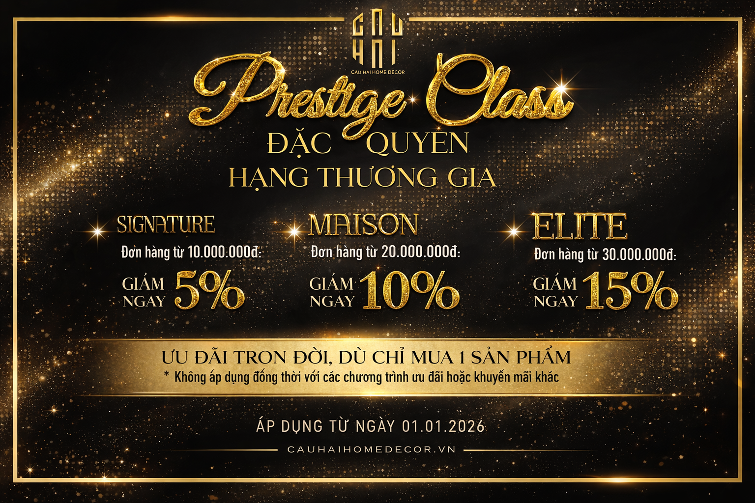 Bảng ưu đãi Cậu Hai Home Decor Prestige Class màu vàng đen lấp lánh, chi tiết các hạng mức giảm giá.