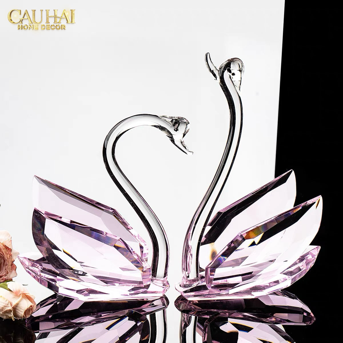 Set 2 Tượng Thiên Nga Pha Lê Trang Trí Crystal Swan Étreinte Rosé 2pcs