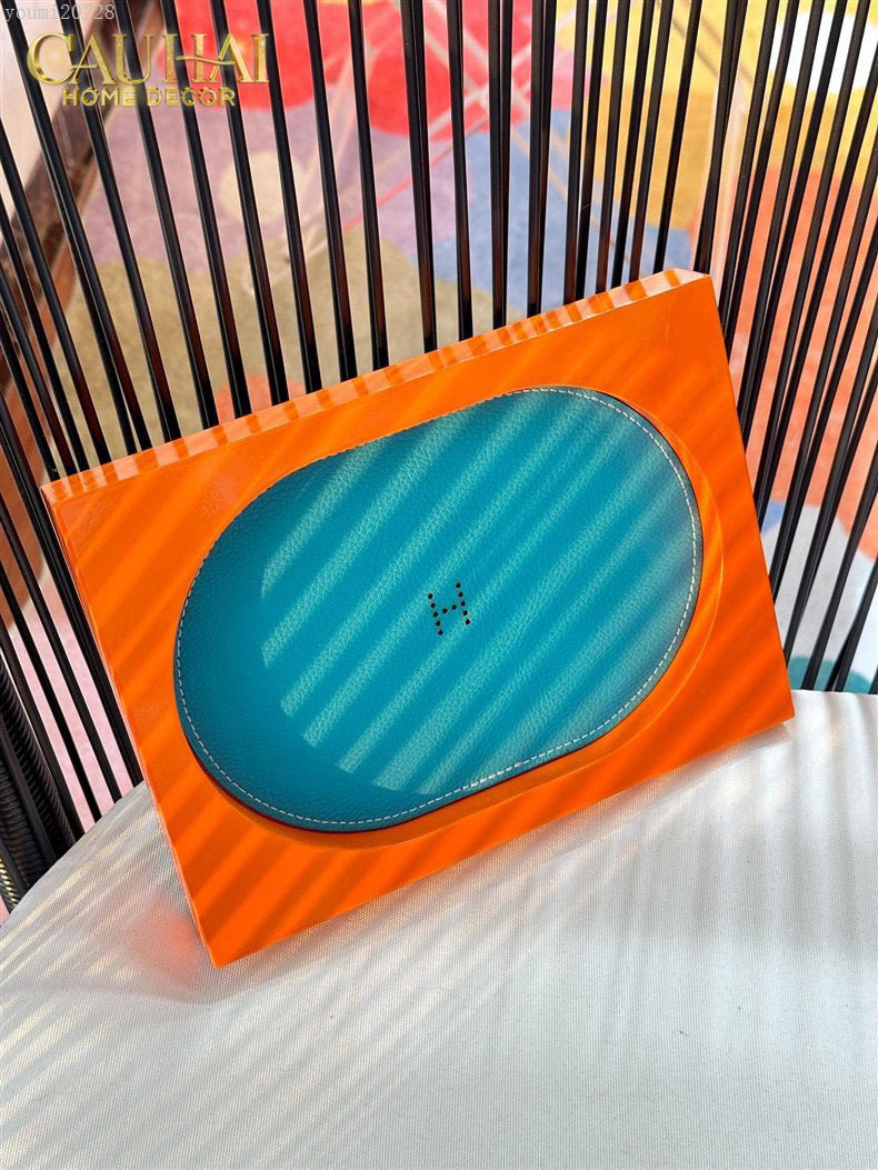 Maison Couture – Khay Chữ Nhật Gỗ Lót Da Équinoxe Cyan