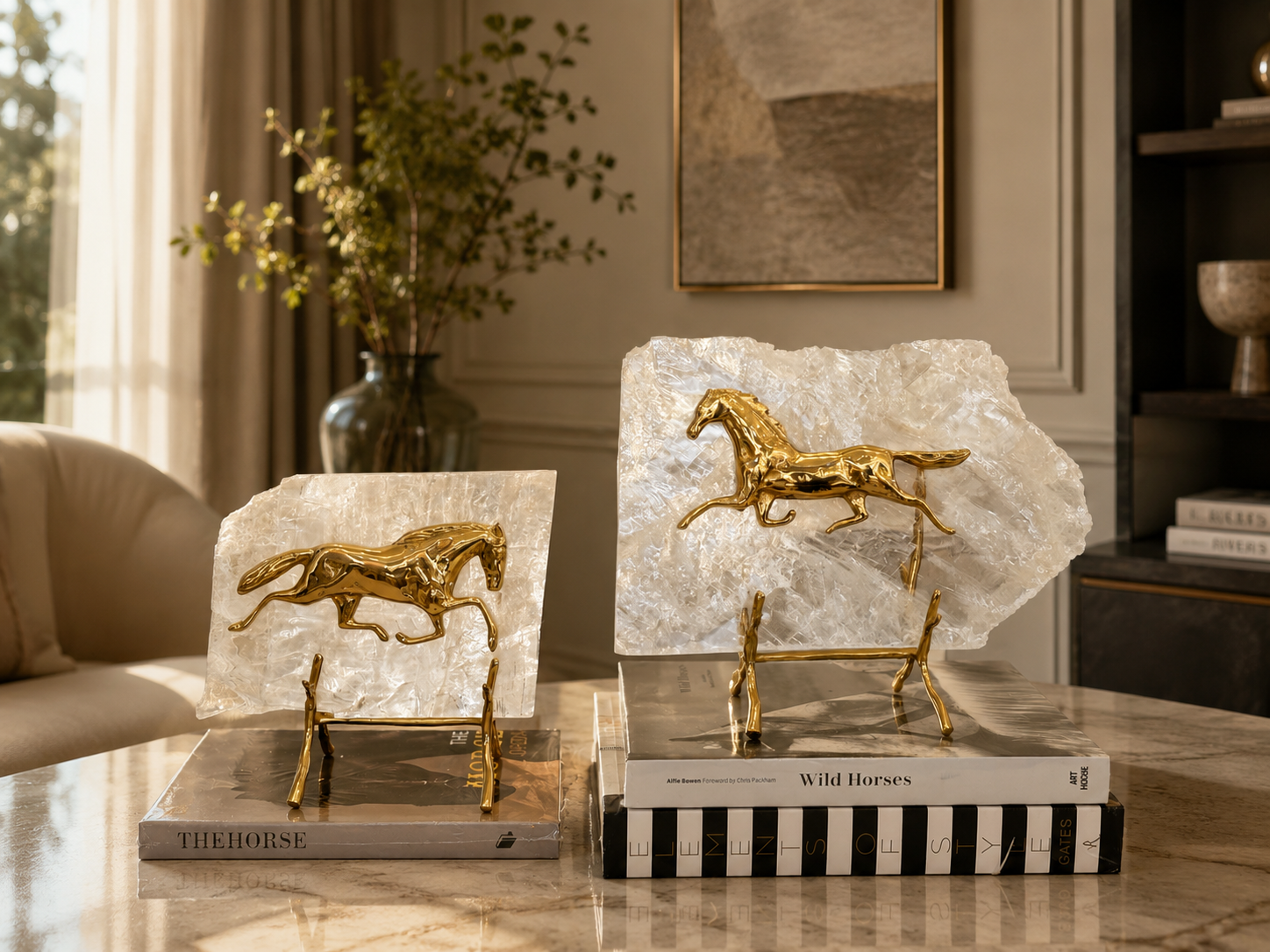 Maison Couture - Set of 2 Equestrian Gilded Hidden Stallion Grande Quartz Horse Statues