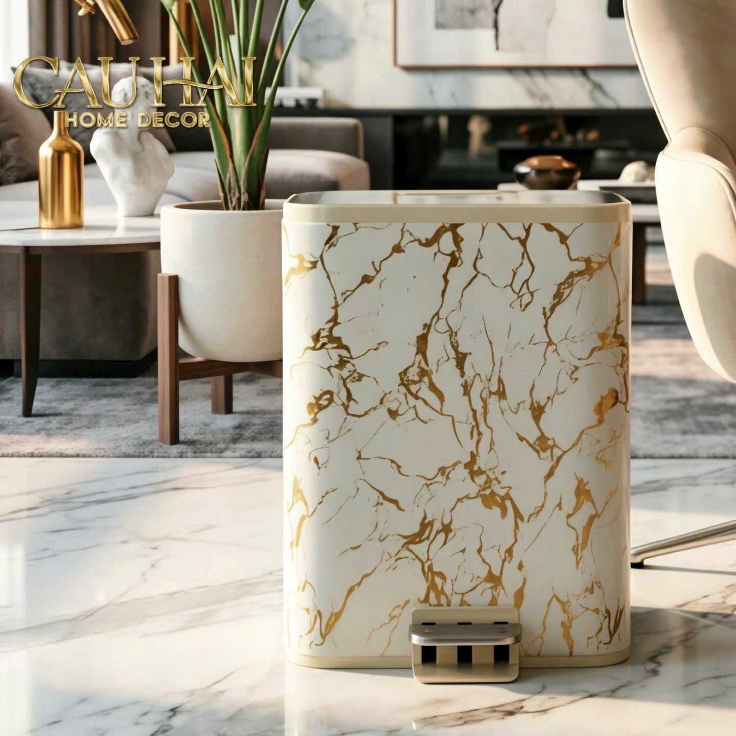 Thùng Rác Bọc Da Đạp Chân Thép Marble Silencieux Ivory 25L