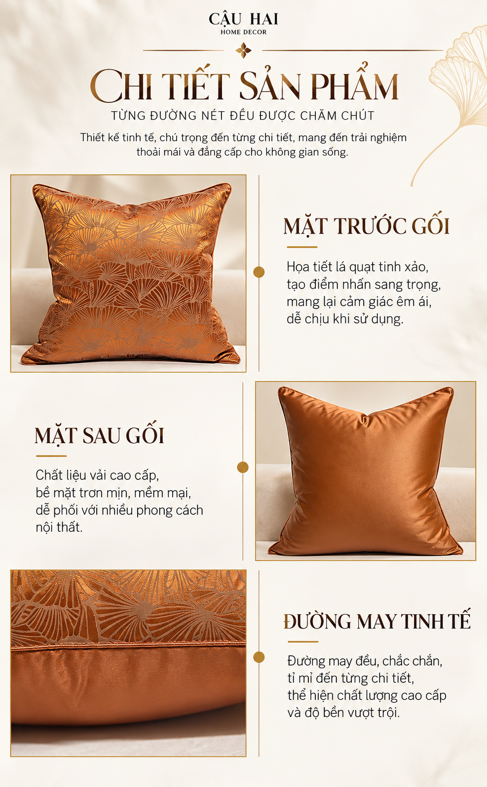Vỏ Gối Jacquard Art Deco Ginkgo Copper 45x45-Vỏ Gối Trang Trí-Cậu Hai Home Decor-CẬU HAI HOME DECOR