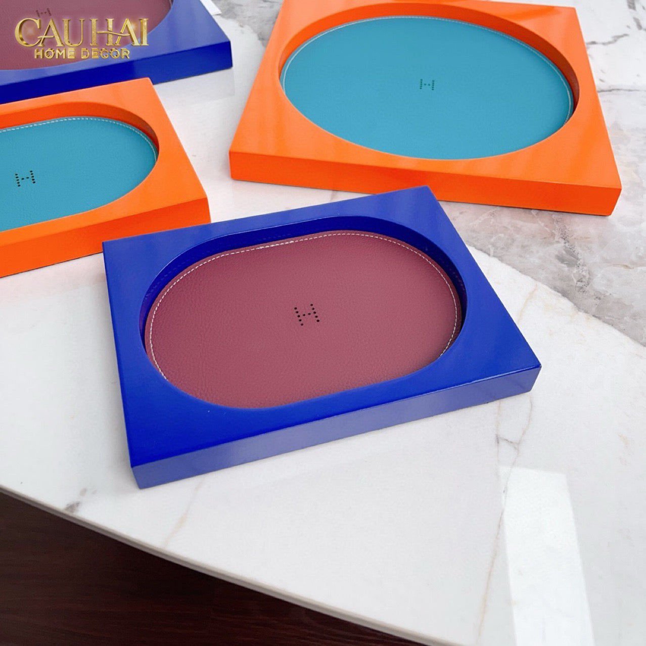 Maison Couture – Khay Chữ Nhật Gỗ Lót Da Équinoxe Cyan