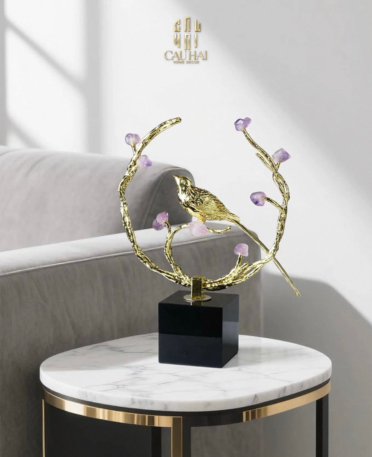 Maison Couture - Tượng Đồng Đá Thạch Anh Tím  - Amethyst Branch Golden Bird Harmony 27x18.5