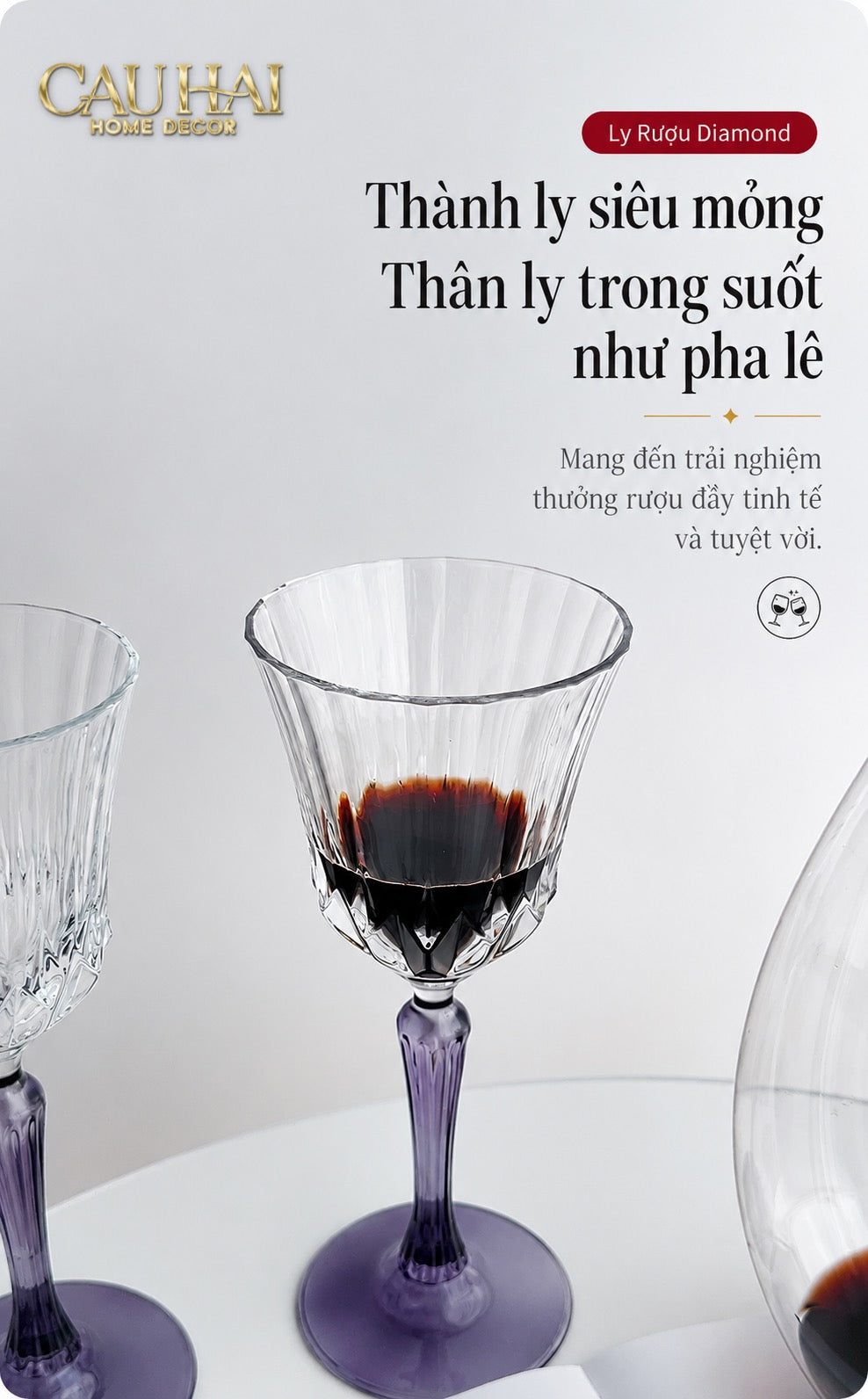 Set 2 Ly Vang Diamond Goblet     Plum Crystal 200Ml