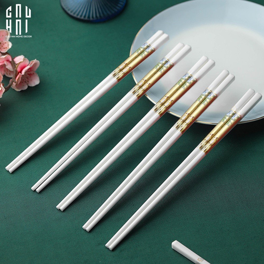 Set 10 Đôi Đũa Sứ BST Khổng Tước Hoàng Kim Porcelain Chopstick 25cm
