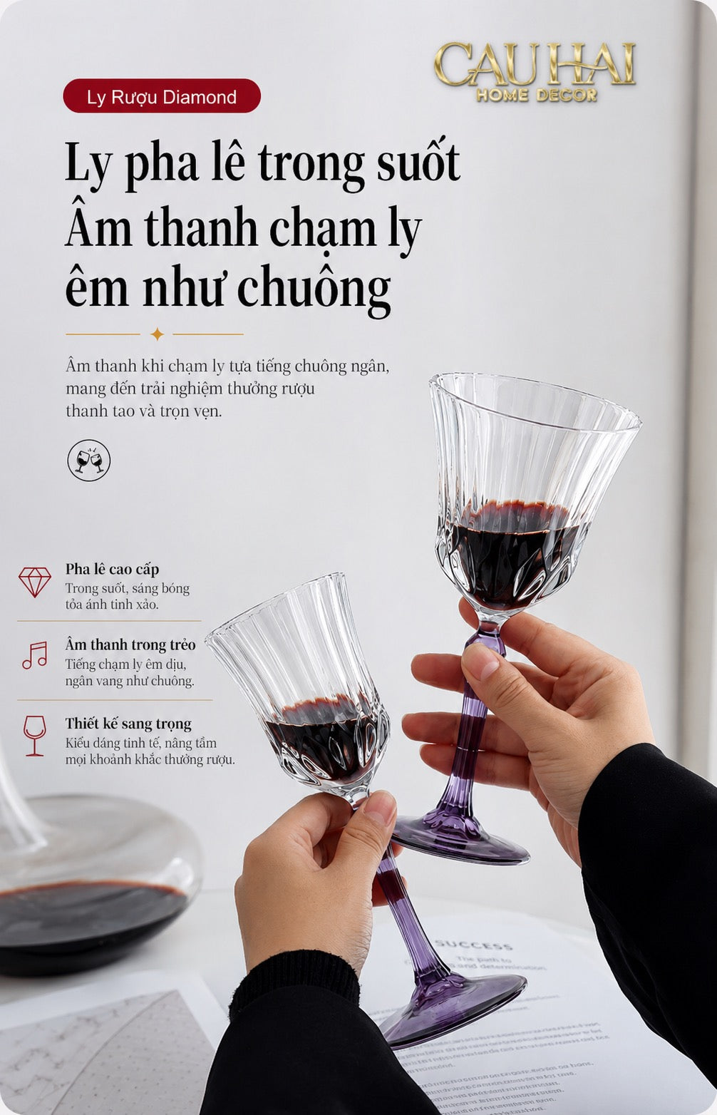 Set 2 Ly Vang Diamond Goblet     Plum Crystal 200Ml