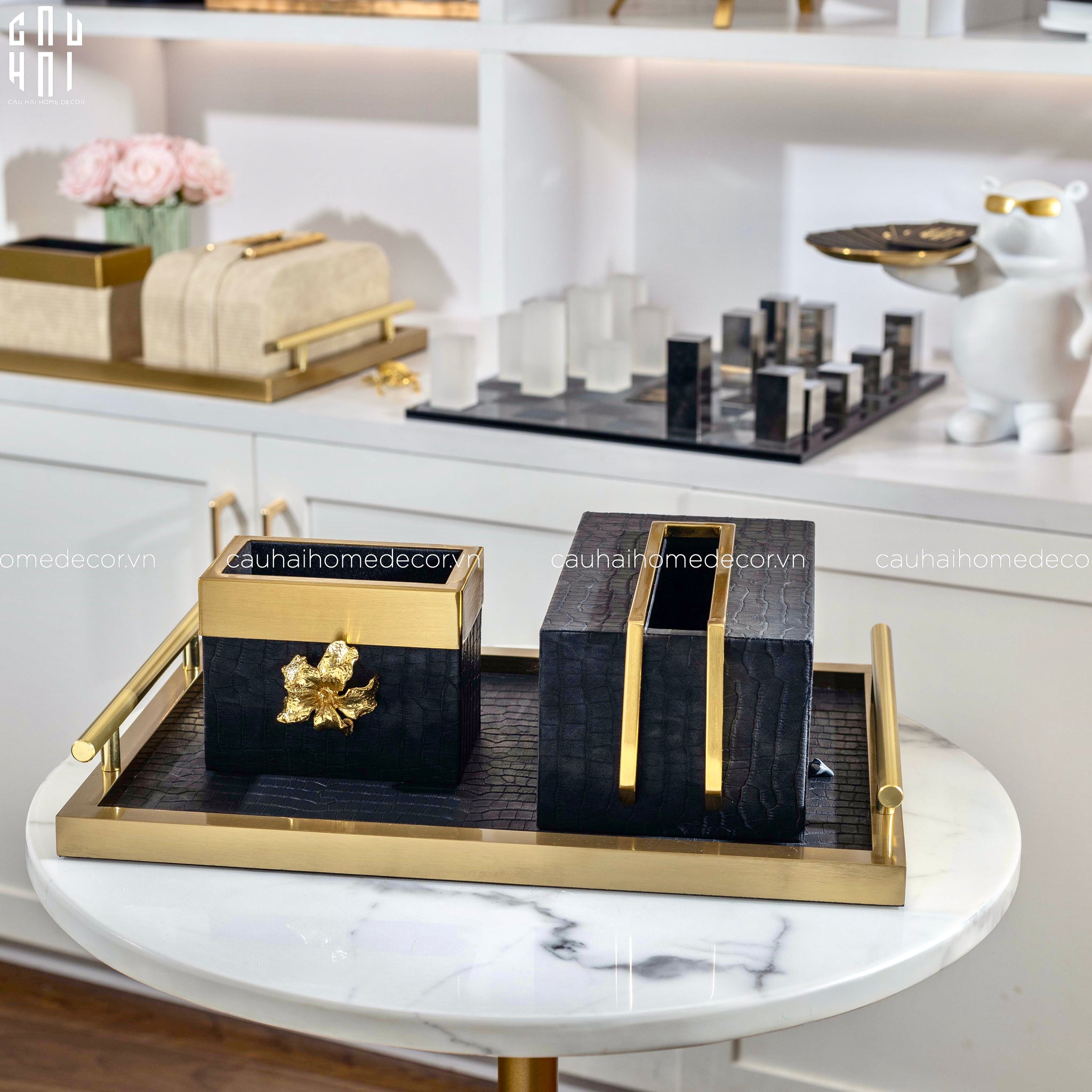 Maison Couture - Set Khay Hộp Giấy Gỗ Sồi  Da Cao Cấp - Luxe Oakwood Birkin Noire Vanities 3Pcs 30x40