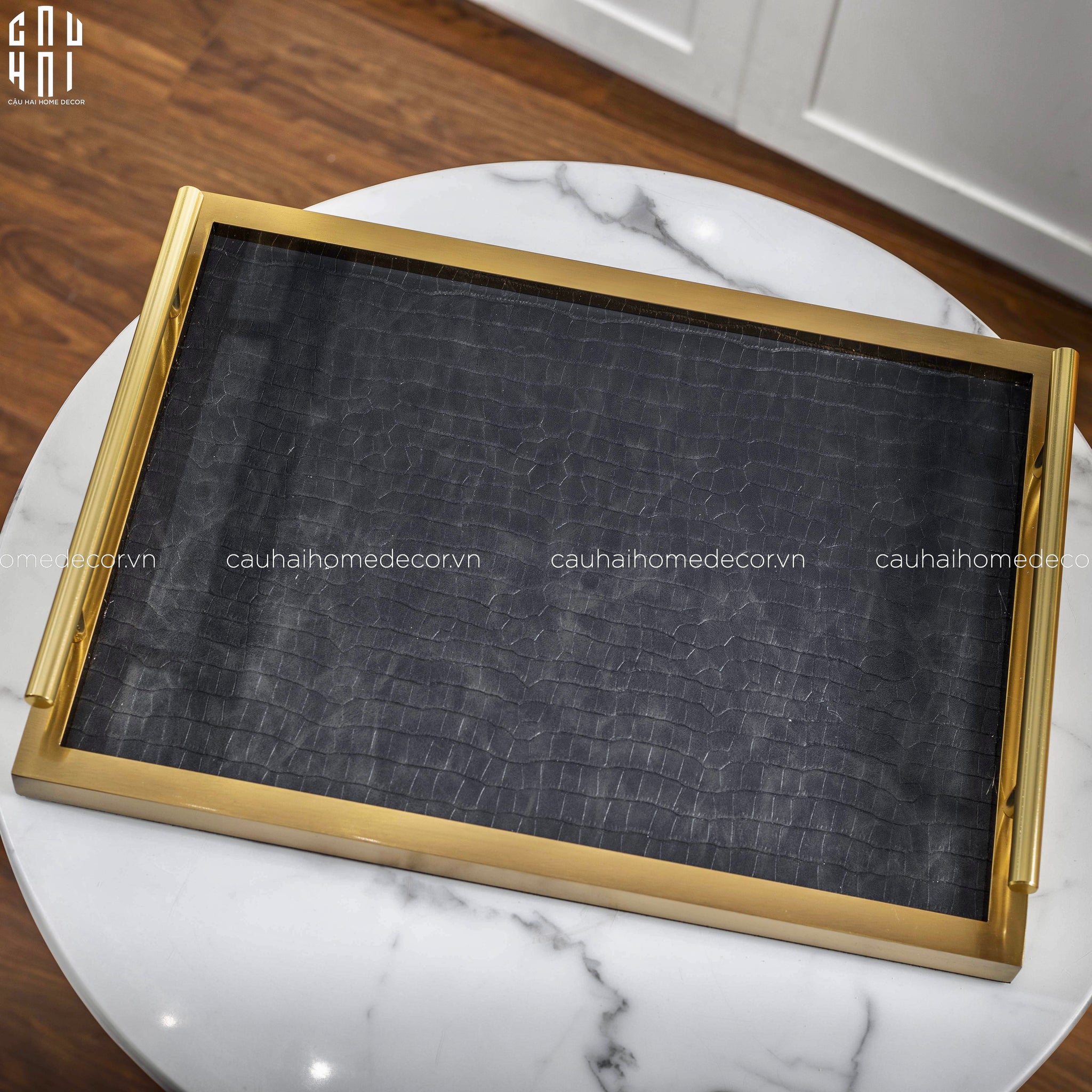 Maison Couture - Set Khay Hộp Giấy Gỗ Sồi  Da Cao Cấp - Luxe Oakwood Birkin Noire Vanities 3Pcs 30x40