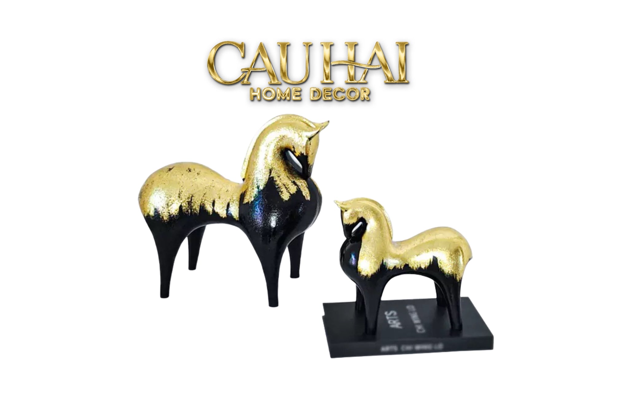 Maison Couture -  Tượng Ngựa Gốm Mun Mài Dát Vàng Noir Laqué Feuille d’Or Tang Horse  H24/H36