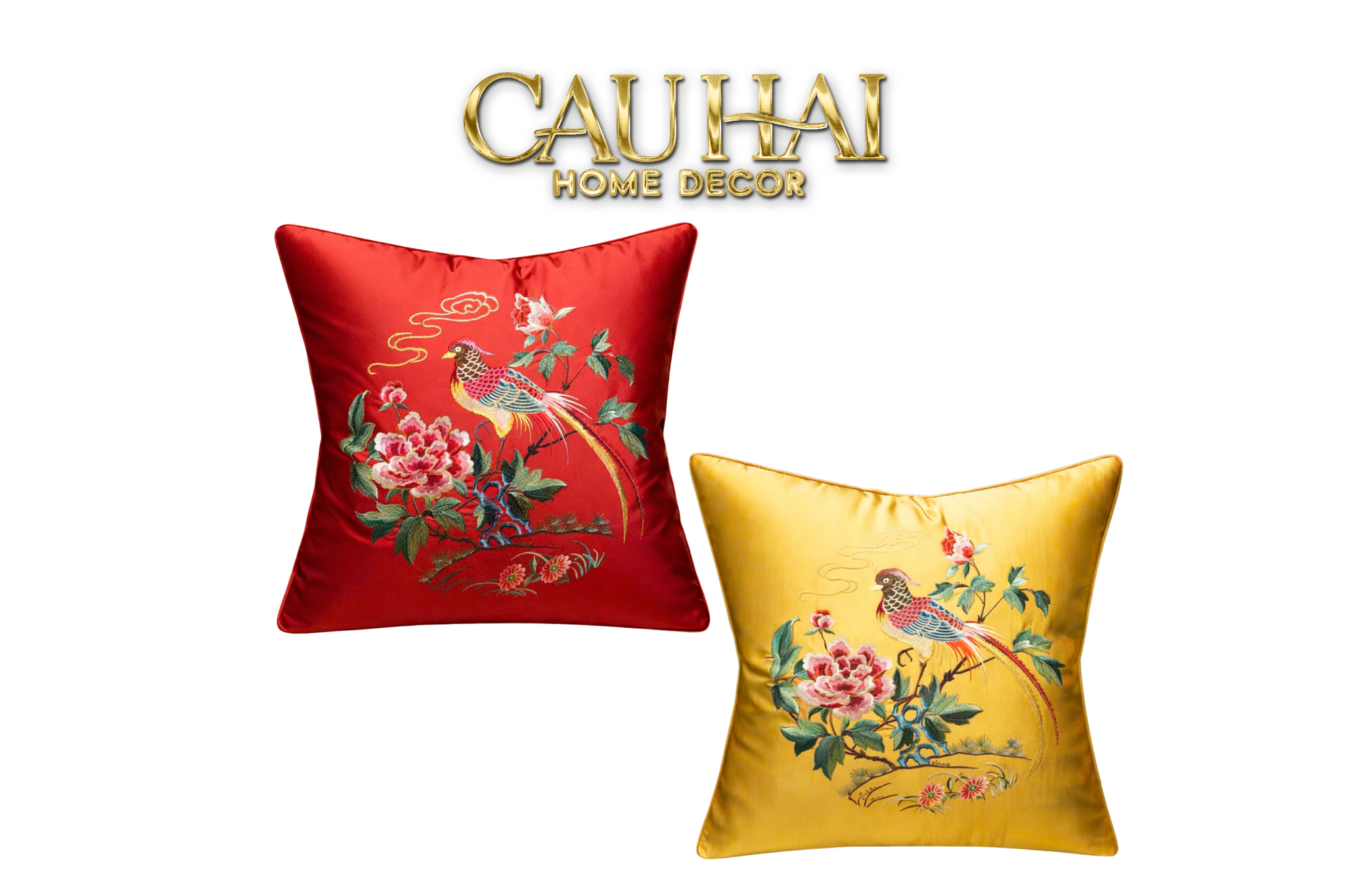 Tết Couture - Vỏ Gối Lụa Thêu Cẩm Điểu Mẫu Đơn 45