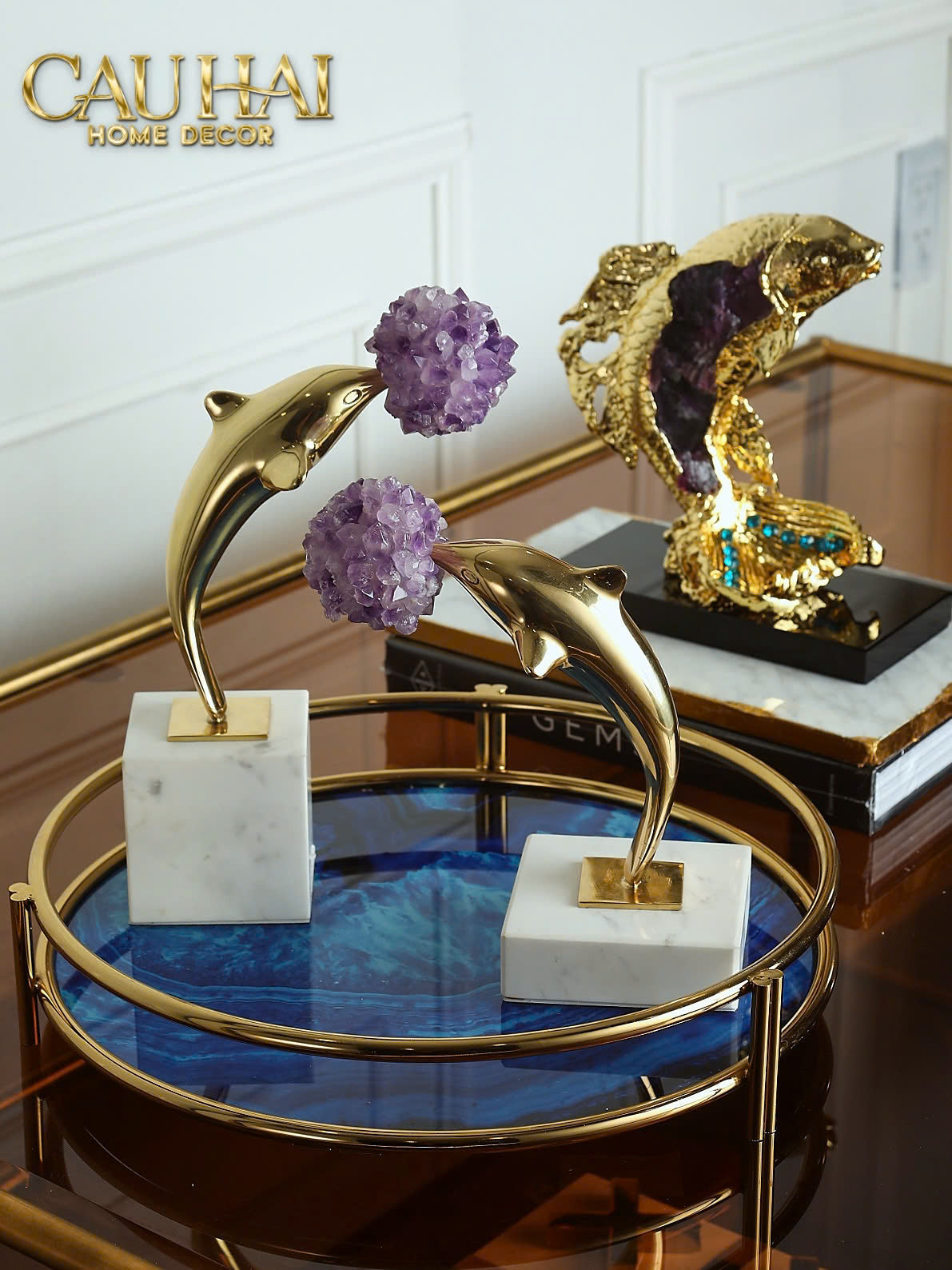 HOME COUTURE - TƯỢNG ĐỒNG CÁ CHÉP ROYALE AMETHYST DRAGON ASCEND H22 - CẬU HAI HOME DECOR