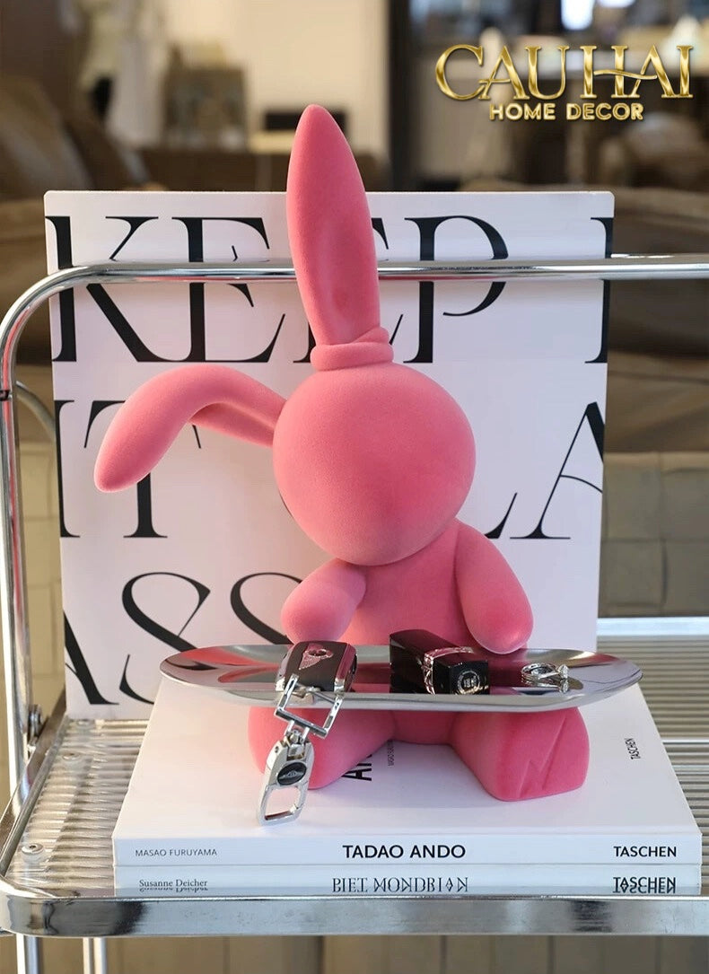 Fêtes Couture - Tượng Thỏ Nhung - Figurine Lapin Pink Velour Maison H30-CẬU HAI HOME DECOR