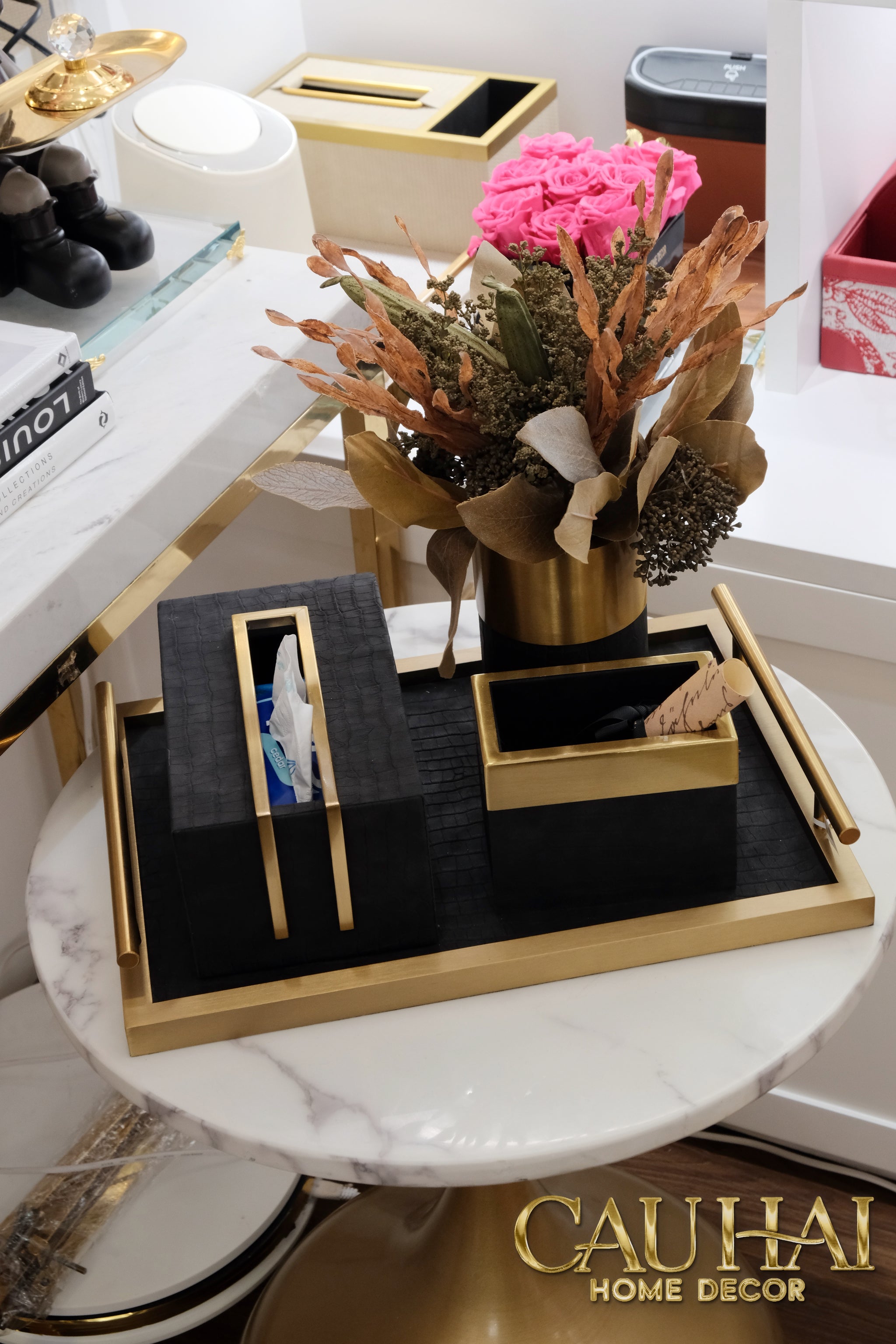 Maison Couture - Set Khay Hộp Giấy Gỗ Sồi Da Cao Cấp Có Bình Hoa - Luxe Oakwood Birkin Noire Vanities 4Pcs 30x40