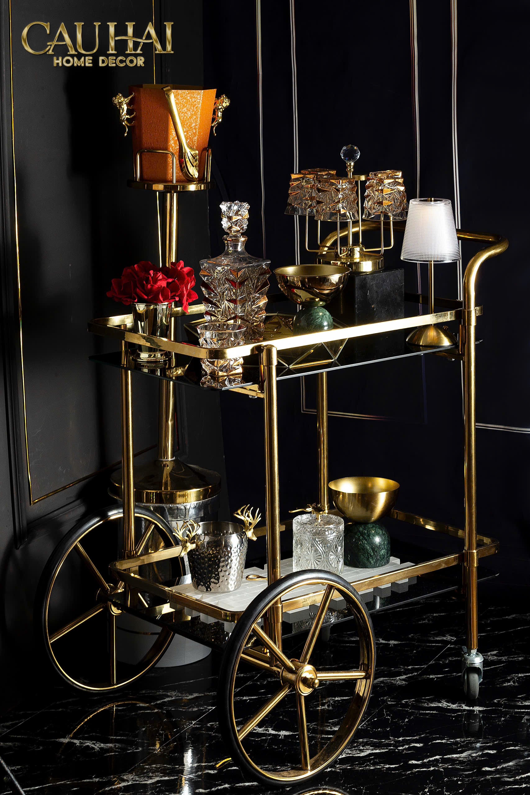 HOME COUTURE - XE ĐẨY QUẦY BAR HEMINGWAY TROLLEY - BLACK MIRROR-CẬU HAI HOME DECOR