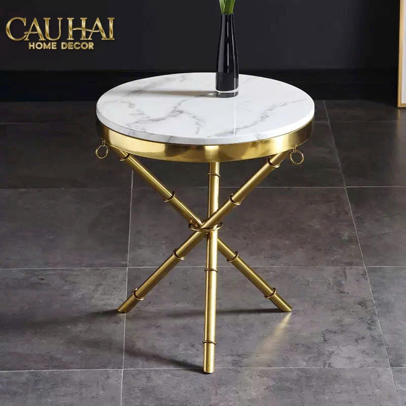 Bàn Sofa Marble Tròn Chinoiserie Bamboo D'Or Ivory H49x53