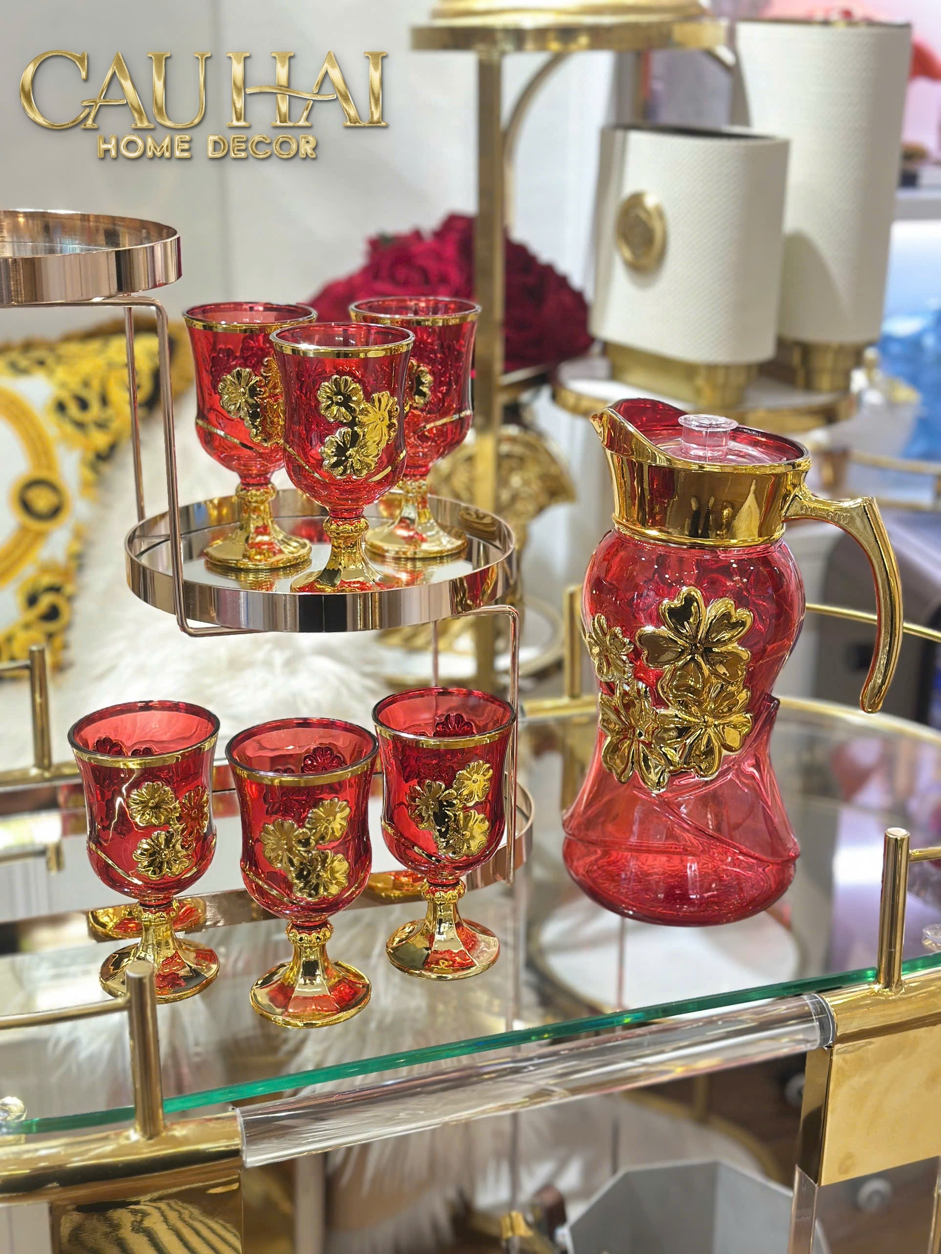 Set Binh Nuoc Thuy Tinh Grand Marquis Rubis Rouge Glass 7pcs