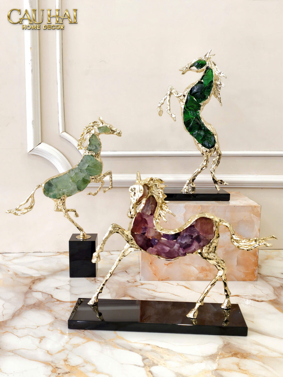 Maison Couture - Tượng Ngựa Bằng Đồng Đá Flotite Green - Brasson Équestre Cheval Émeraude 20x40-TƯỢNG TRANG TRÍ-CẬU HAI HOME DECOR