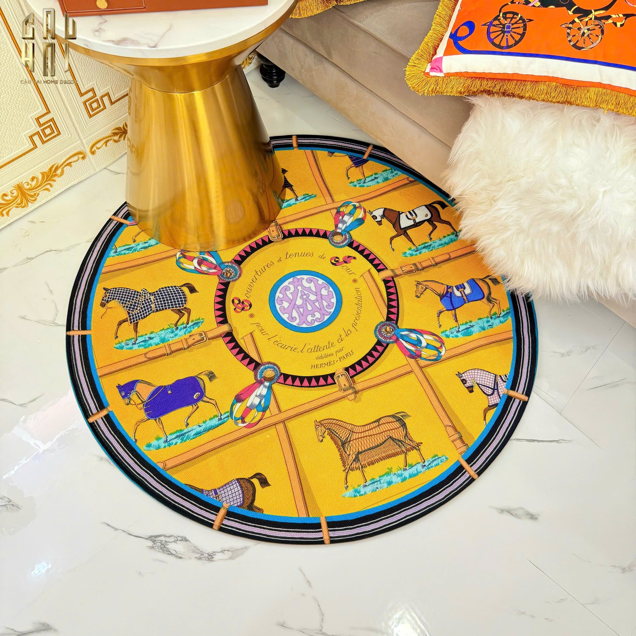 Thảm Tròn Nhung Bỉ D100 - Round Carpet Jaune Bleu Renaissance