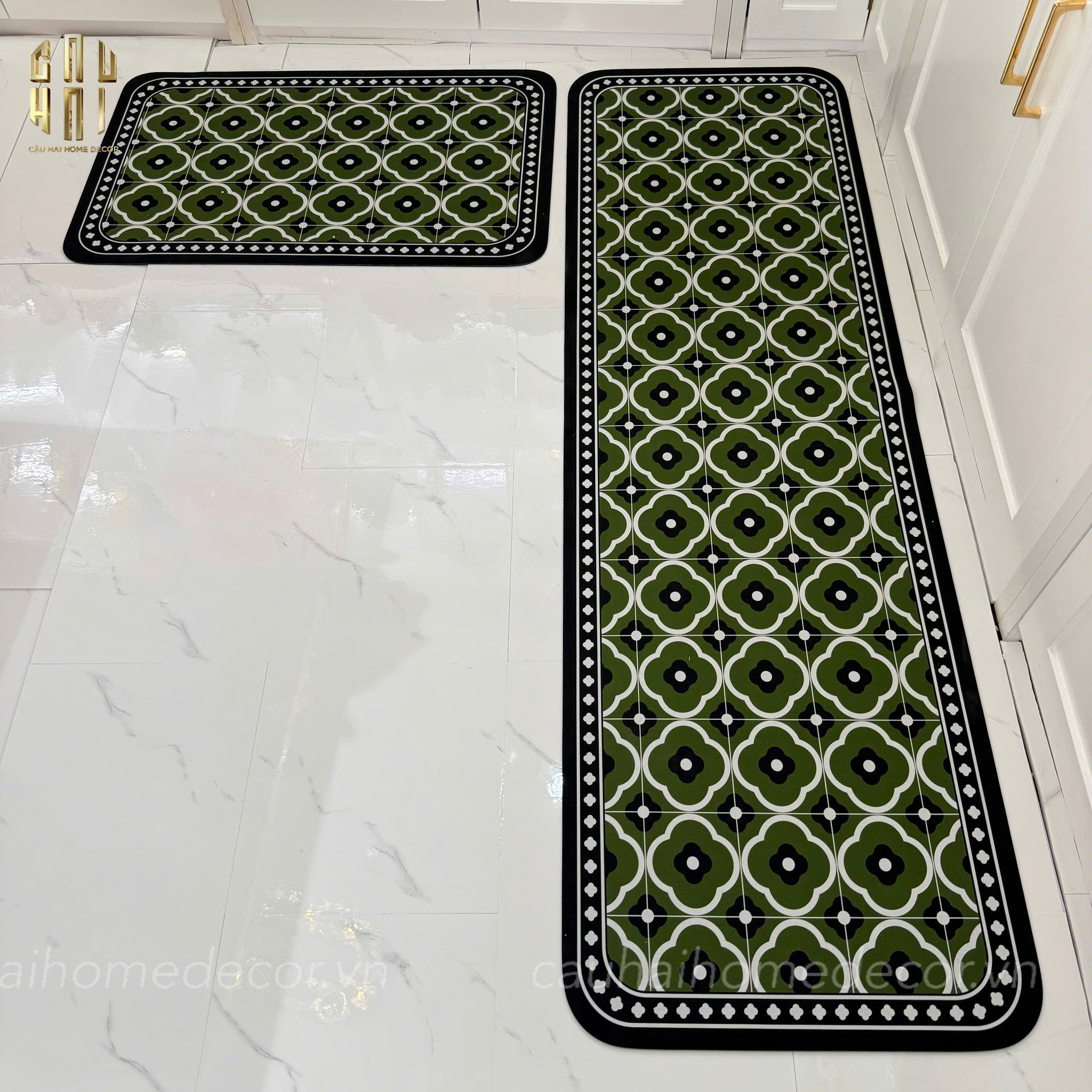 Gen8 Longer 45x180 Micro Nappa Leather Kitchen Mat - Olive Green Petals