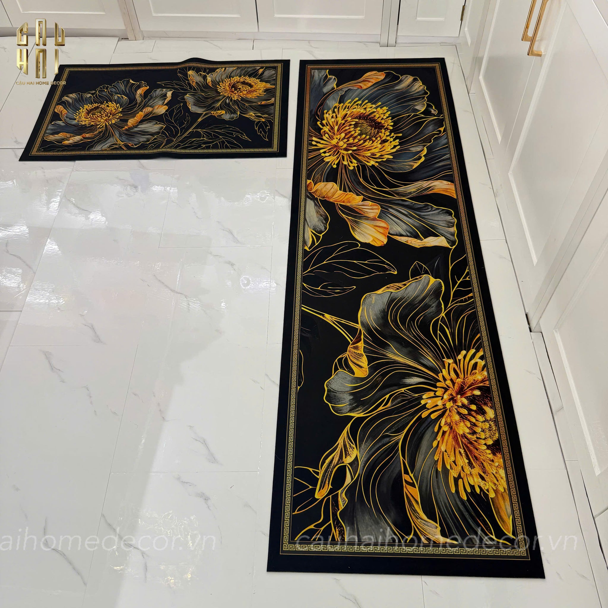 Set Thảm Bếp Microfiber 45x75/150 -  Hoa Mẫu Đơn - Golden Pivoine