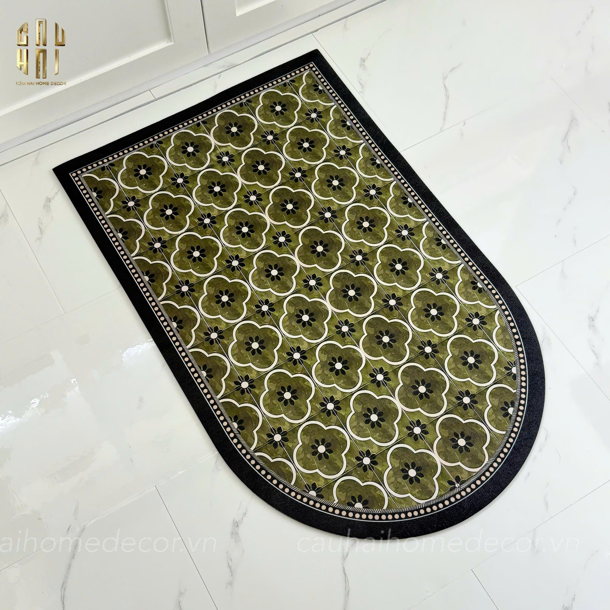 Gen8 Longer 45x180 Micro Nappa Leather Kitchen Mat - Olive Green Petals
