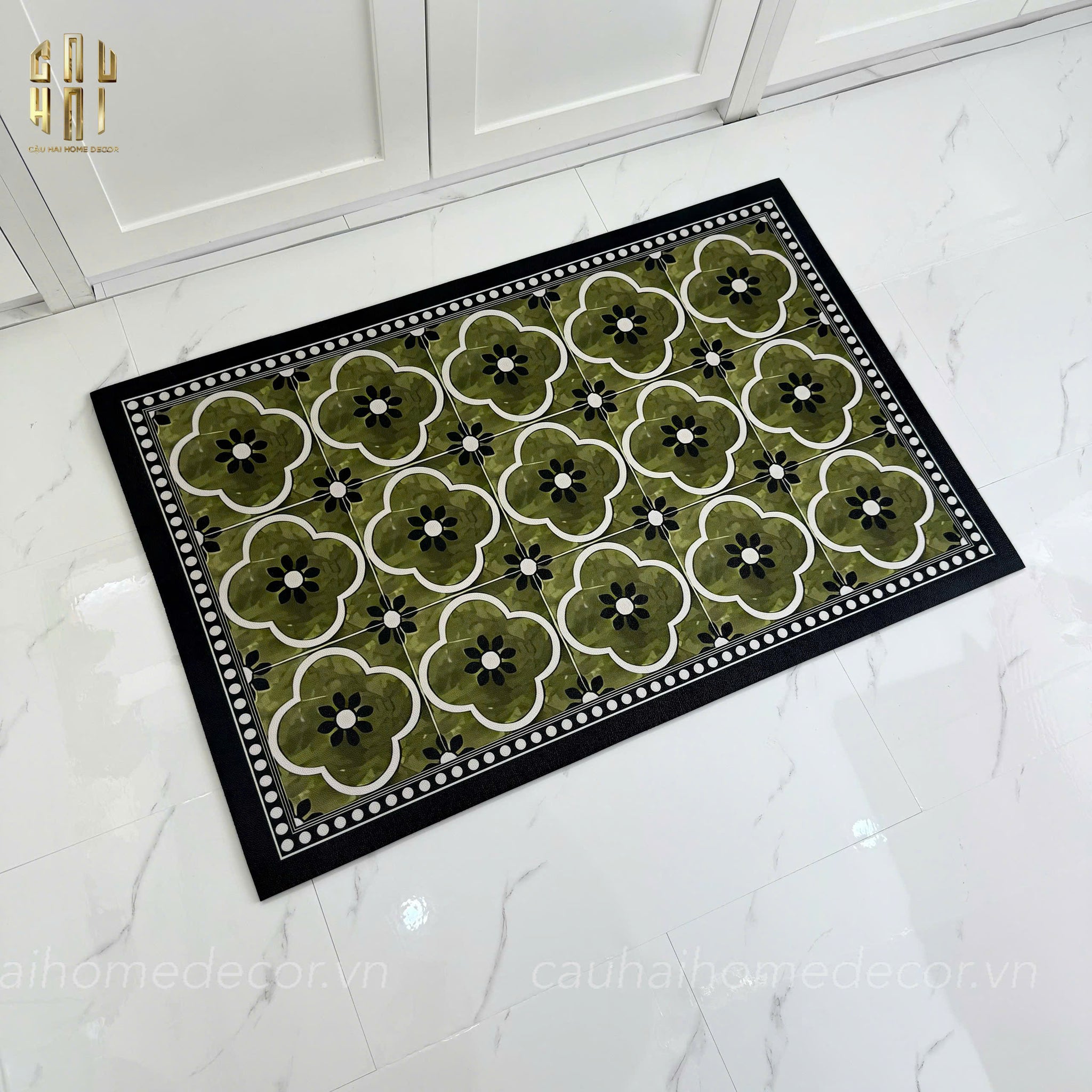 Gen8 Longer 45x180 Micro Nappa Leather Kitchen Mat - Olive Green Petals