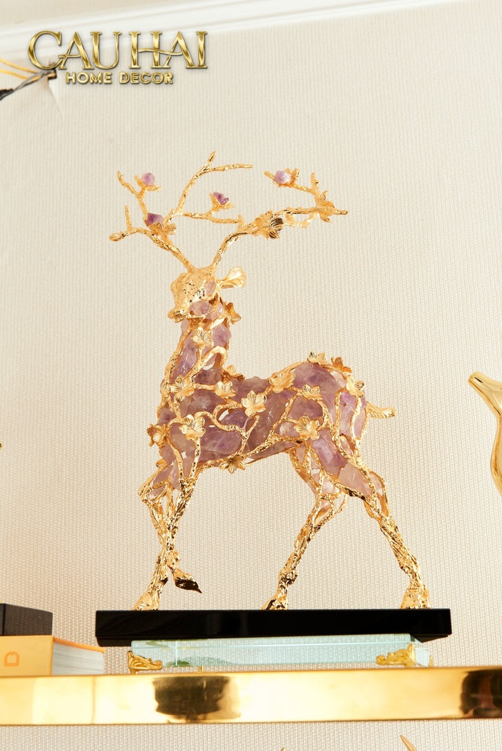 Maison Couture - Tượng Hươu Đồng  Đá Thạch Anh Tím  Sentinel Prima  Gemstones Antler  - H44x26