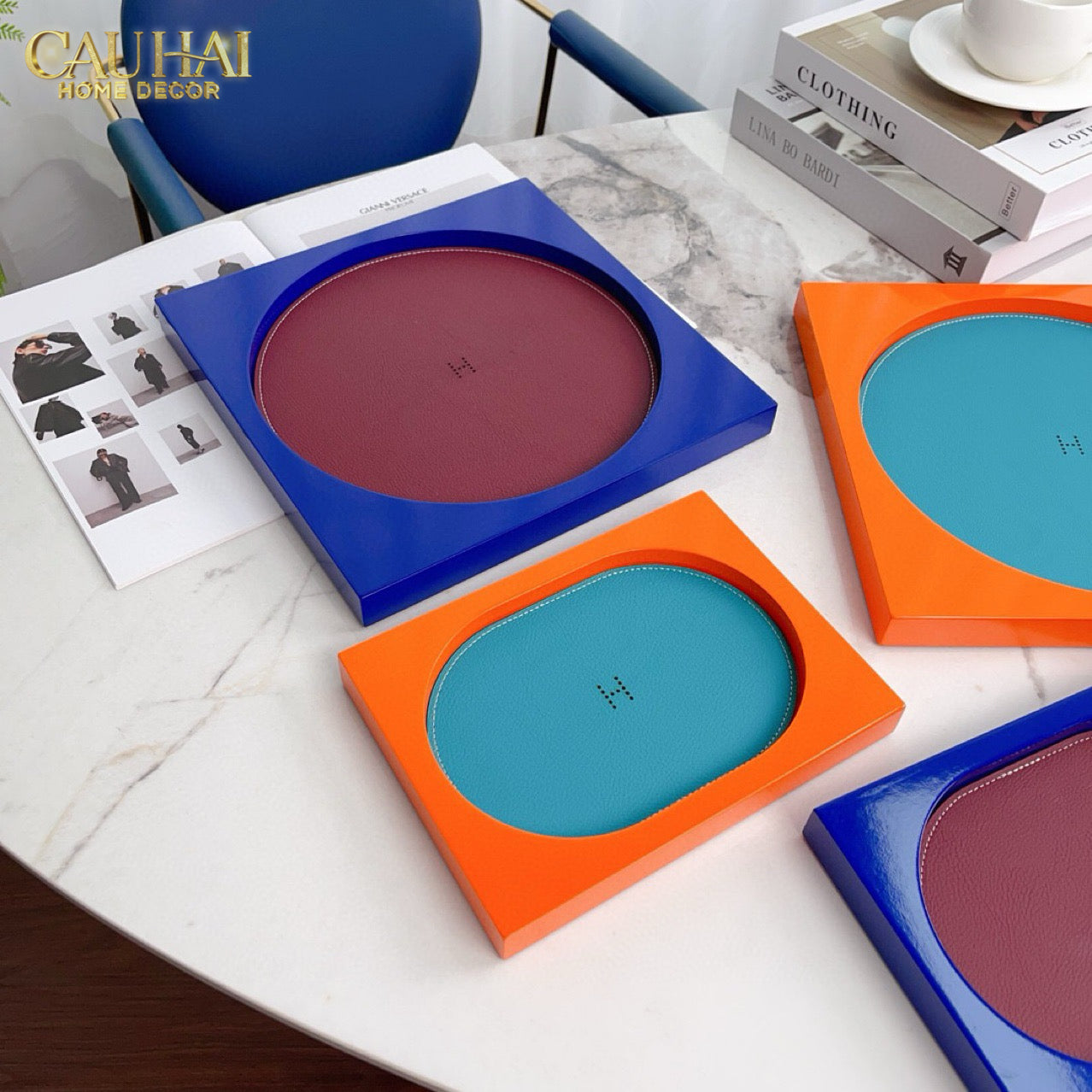 Maison Couture – Khay Chữ Nhật Gỗ Lót Da Équinoxe Cyan