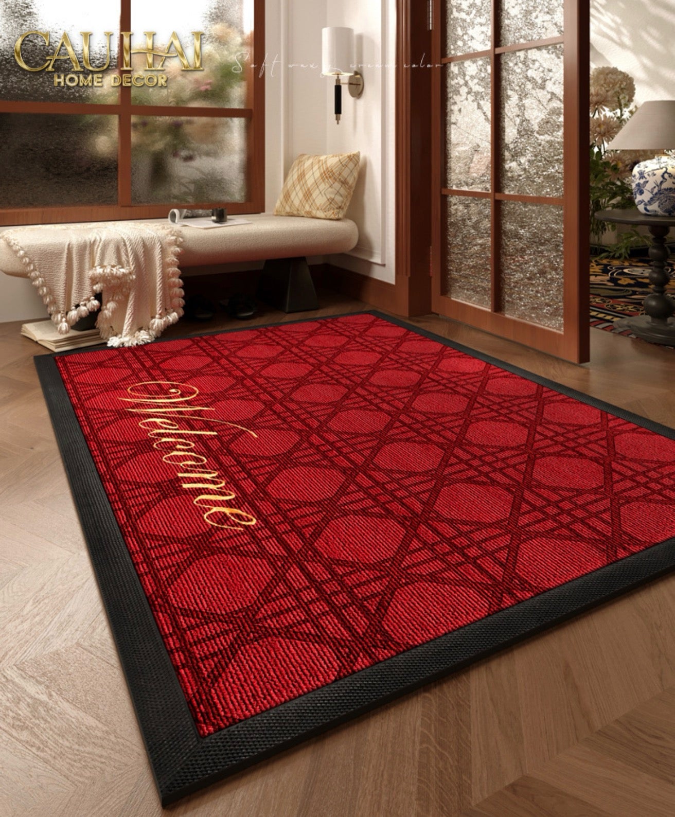 Thảm Ngăn Bụi Sợi Poly Dệt  80X110 Rouge Cannage Bienvenue - Dập Viền Da