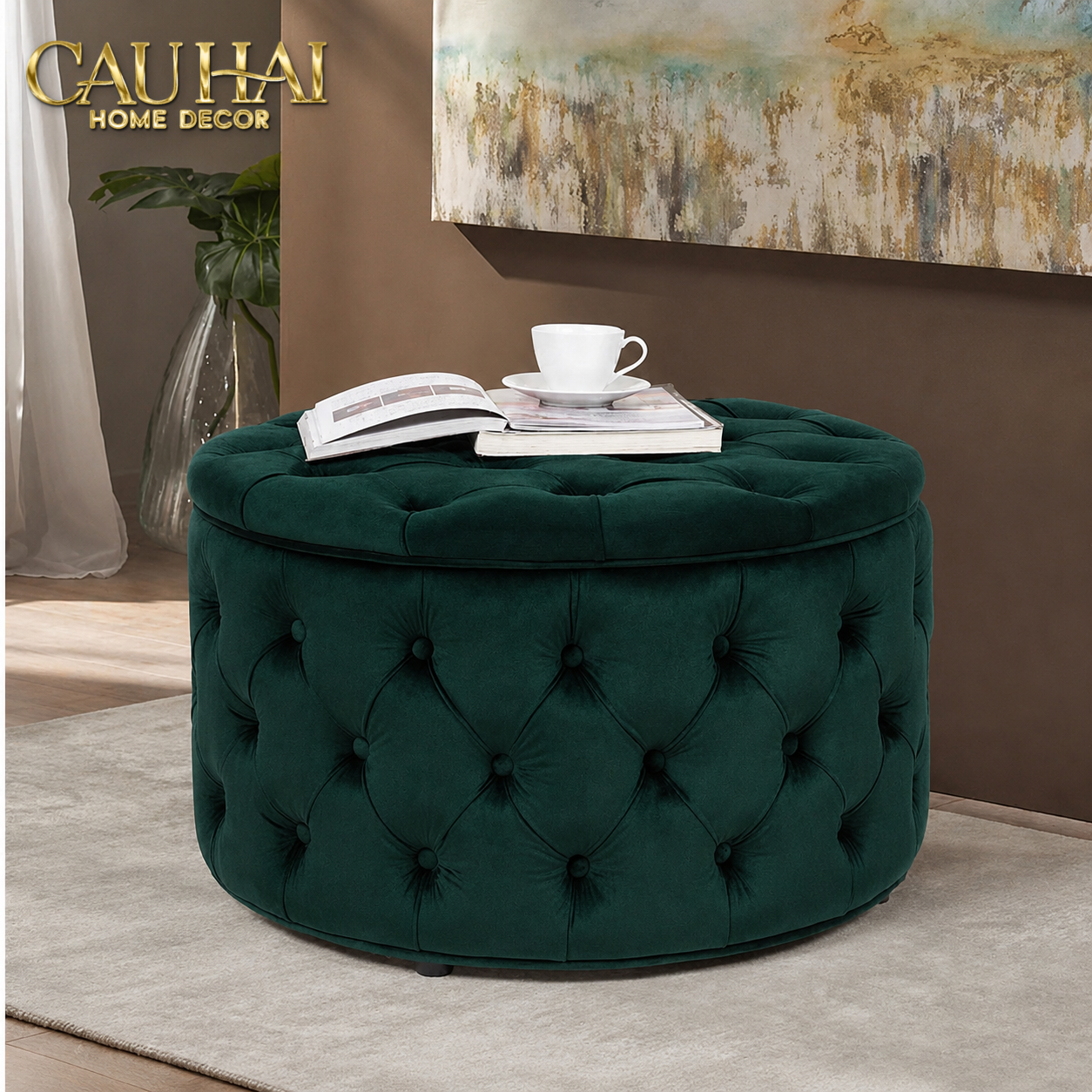 Ghế Đôn Nhung Tròn Chester Époque Emerald 90x40