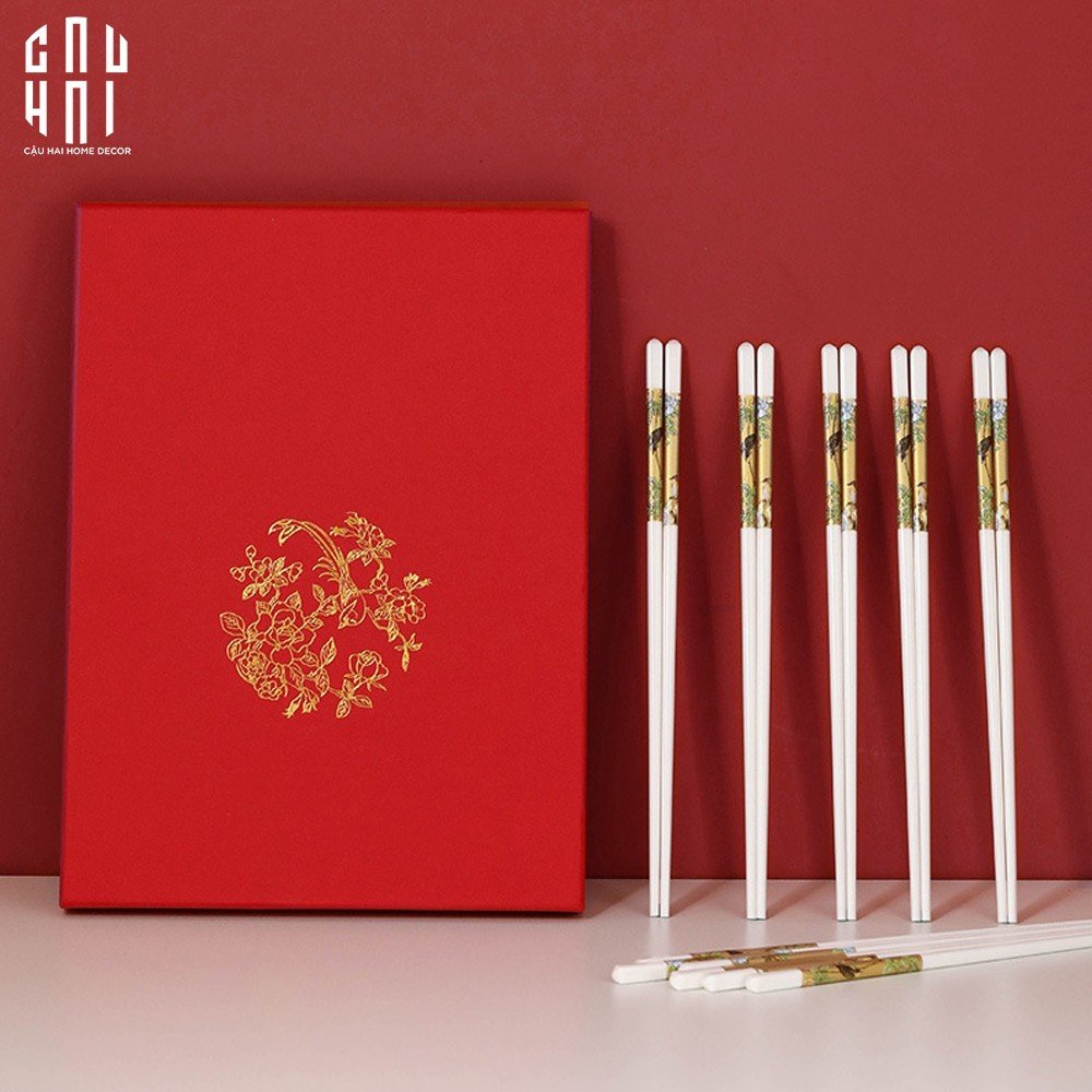 Set 10 Đôi Đũa Sứ BST Khổng Tước Hoàng Kim Porcelain Chopstick 25cm