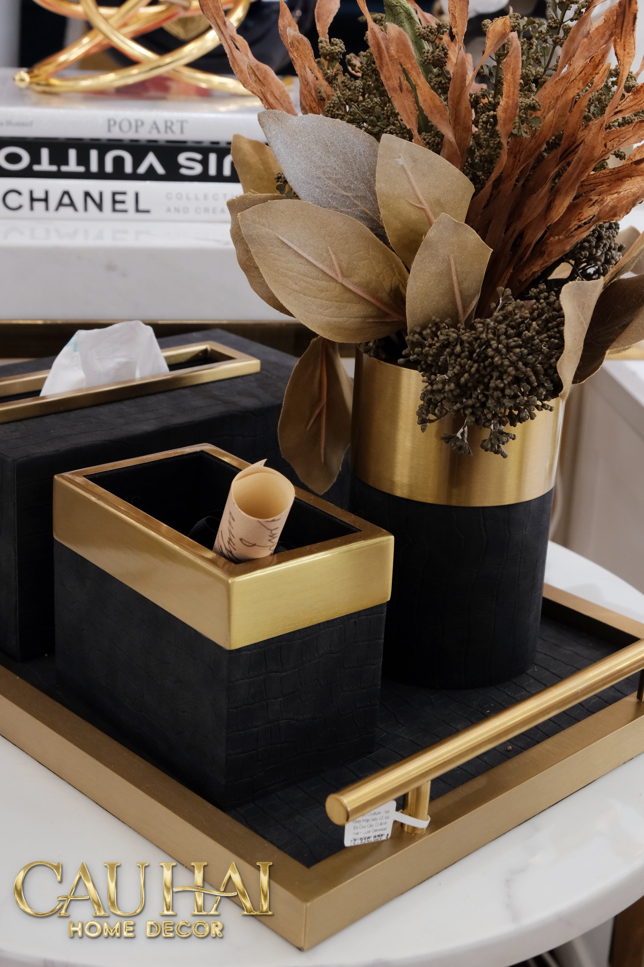 Maison Couture - Set Khay Hộp Giấy Gỗ Sồi Da Cao Cấp Có Bình Hoa - Luxe Oakwood Birkin Noire Vanities 4Pcs 30x40