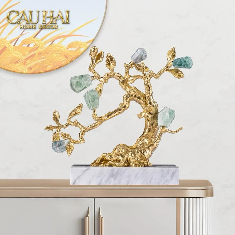 Maison Couture - Tượng  Nhân Sâm Bằng Đồng Đá Thạch Anh Xanh -  Brasson Aventurine Quartz - Root Of Eternity 9x30x27