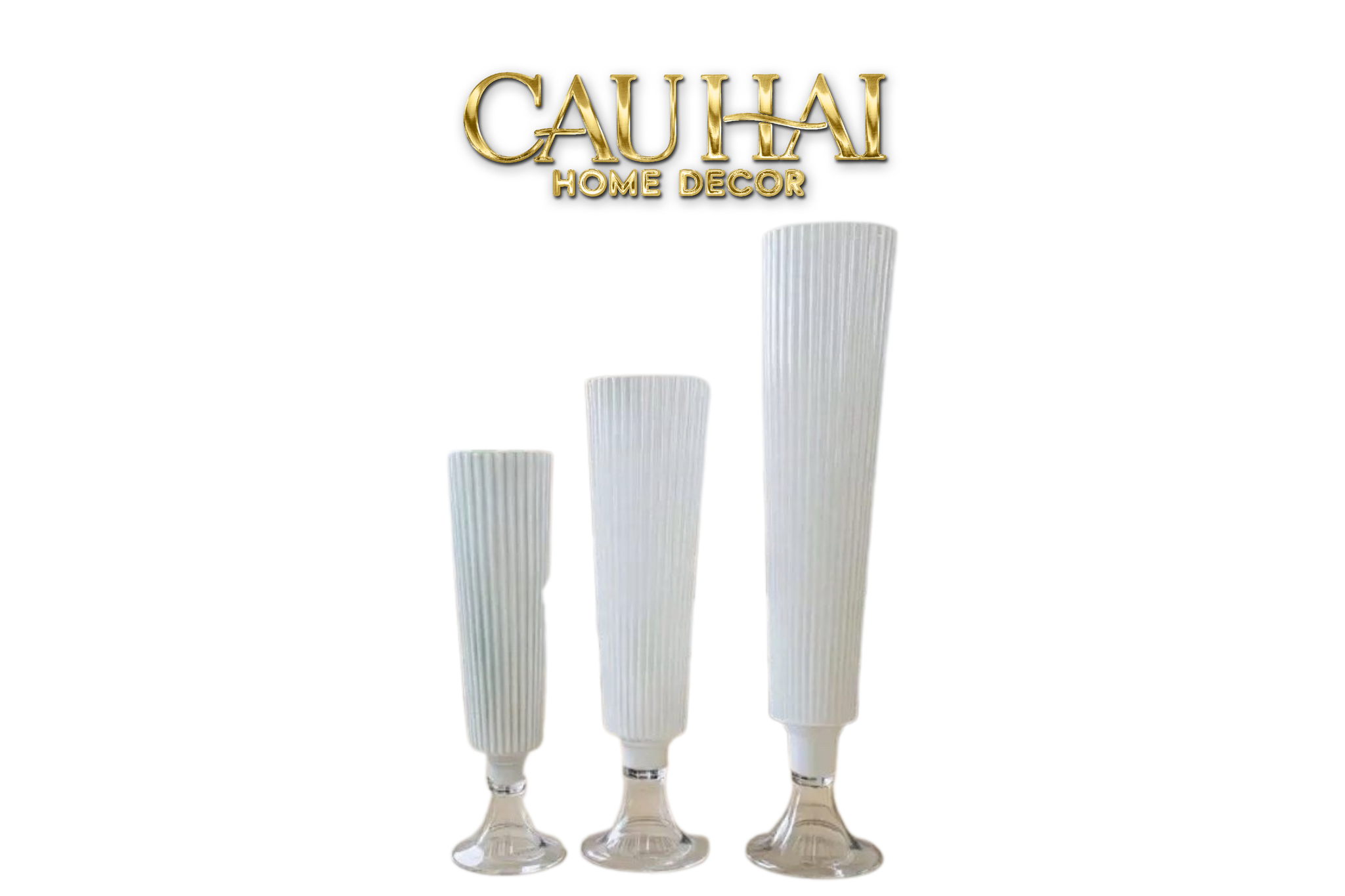Maison Couture -  Set 3 Bình Hoa Thuỷ Tinh Blanc Perle  Fluted Cristalleries Vases 55 / 65 / 80