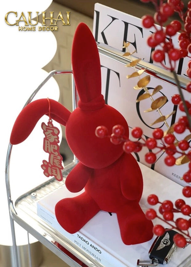 FÊTES COUTURE - TƯỢNG THỎ FIGURINE ROUGE VELOUR JOLI LAPIN H30-CẬU HAI HOME DECOR