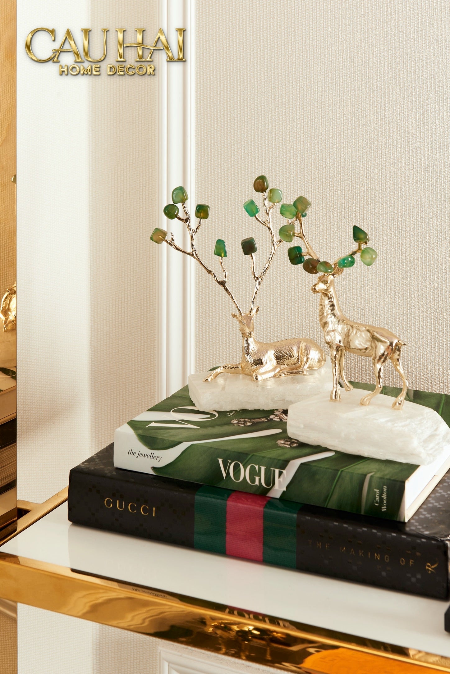 Maison Couture - Set of 2 Jupiter Elks Duo Deity Fluorite Green Stone Deer Figurines with Quartz Stone Base 15x21 14x20